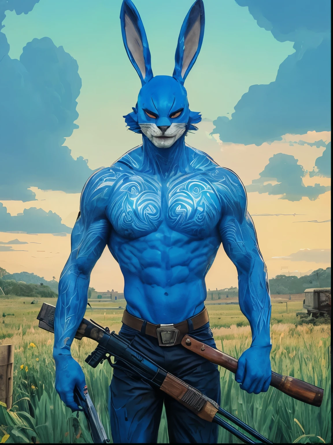 arafed man with blue paint and a blue bunny mask holding a rifle, rabbit warrior, anime character; full body art, fullbody art, blue body paint, full - body art, the blue panther, full body art, with blue skin, blue body, guyver style, rabbt_character, comic book character, highly detailed full-body art