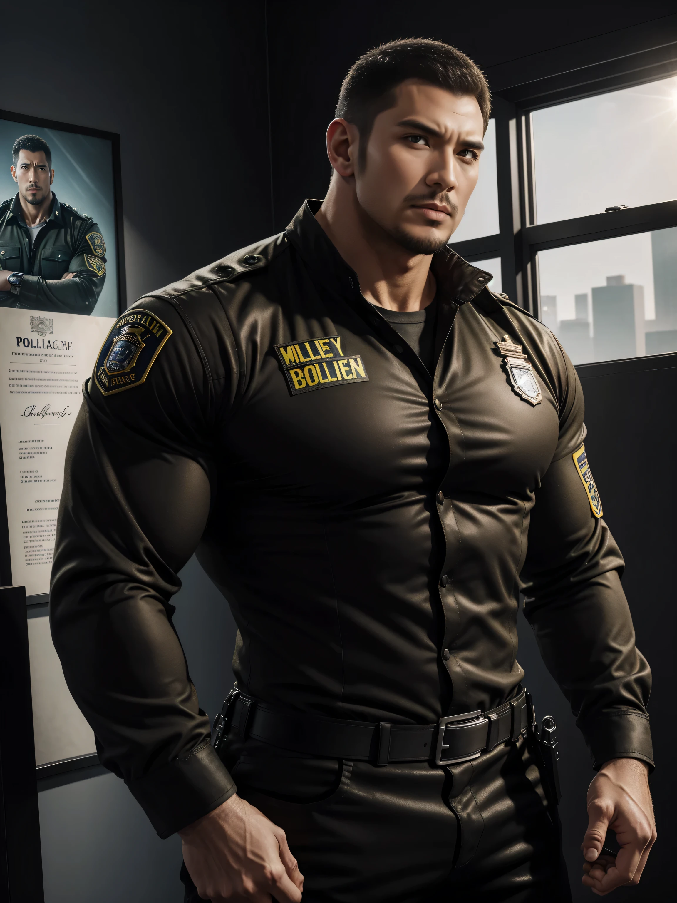 Tall giant muscular肌肉男警官，Yellow and black long-sleeved jacket police uniform，Wear it over a shirt，police certificate，fitness mural poster，character concept（Resident Evil - chris redfield，chris redfield）proud expression，Deep and charming eyes，heroic male pose，高大burly，muscular！muscular大腿，tough guy，perfect facial features，High, burly, Heqiang， Super gain and cool， high resolution committee，Charming strong man，The bright sunshine shines on the face through the window