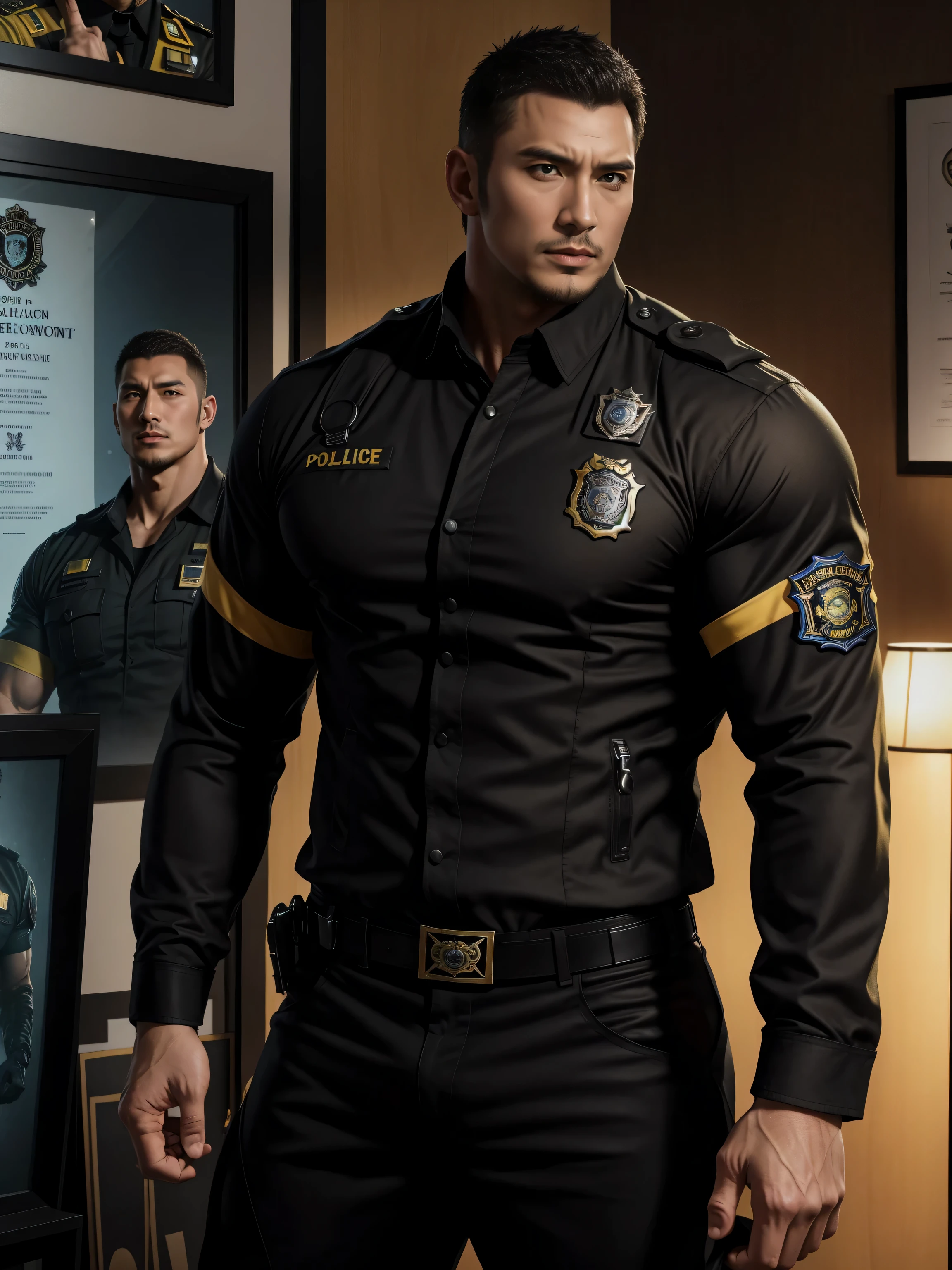 Tall giant muscular肌肉男警官，Yellow and black long-sleeved jacket police uniform，Wear it over a shirt，police certificate，fitness mural poster，character concept（Resident Evil - chris redfield，chris redfield）proud expression，Deep and charming eyes，heroic male pose，高大burly，muscular！muscular大腿，tough guy，perfect facial features，High, burly, Heqiang， Super gain and cool， high resolution committee，Charming strong man，The bright sunshine shines on the face through the window