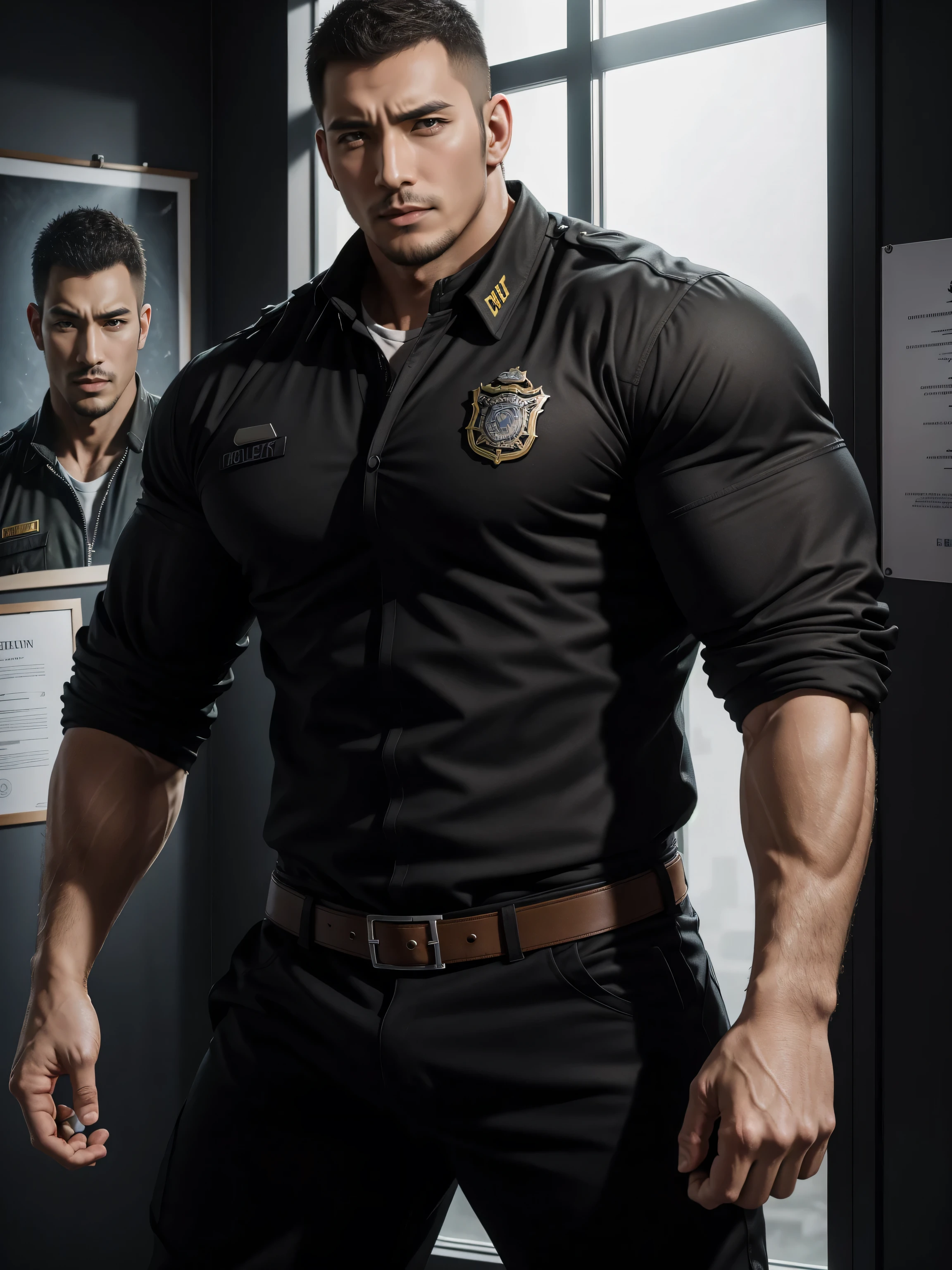 Tall giant muscular肌肉男警官，Yellow and black windproof jacket，Wear it over a shirt，police certificate，fitness mural poster，character concept（Resident Evil - chris redfield，chris redfield）proud expression，Deep and charming eyes，heroic male pose，高大burly，muscular！muscular大腿，tough guy，perfect facial features，High, burly, Heqiang， Super gain and cool， high resolution committee，Charming strong man，The bright sunshine shines on the face through the window
