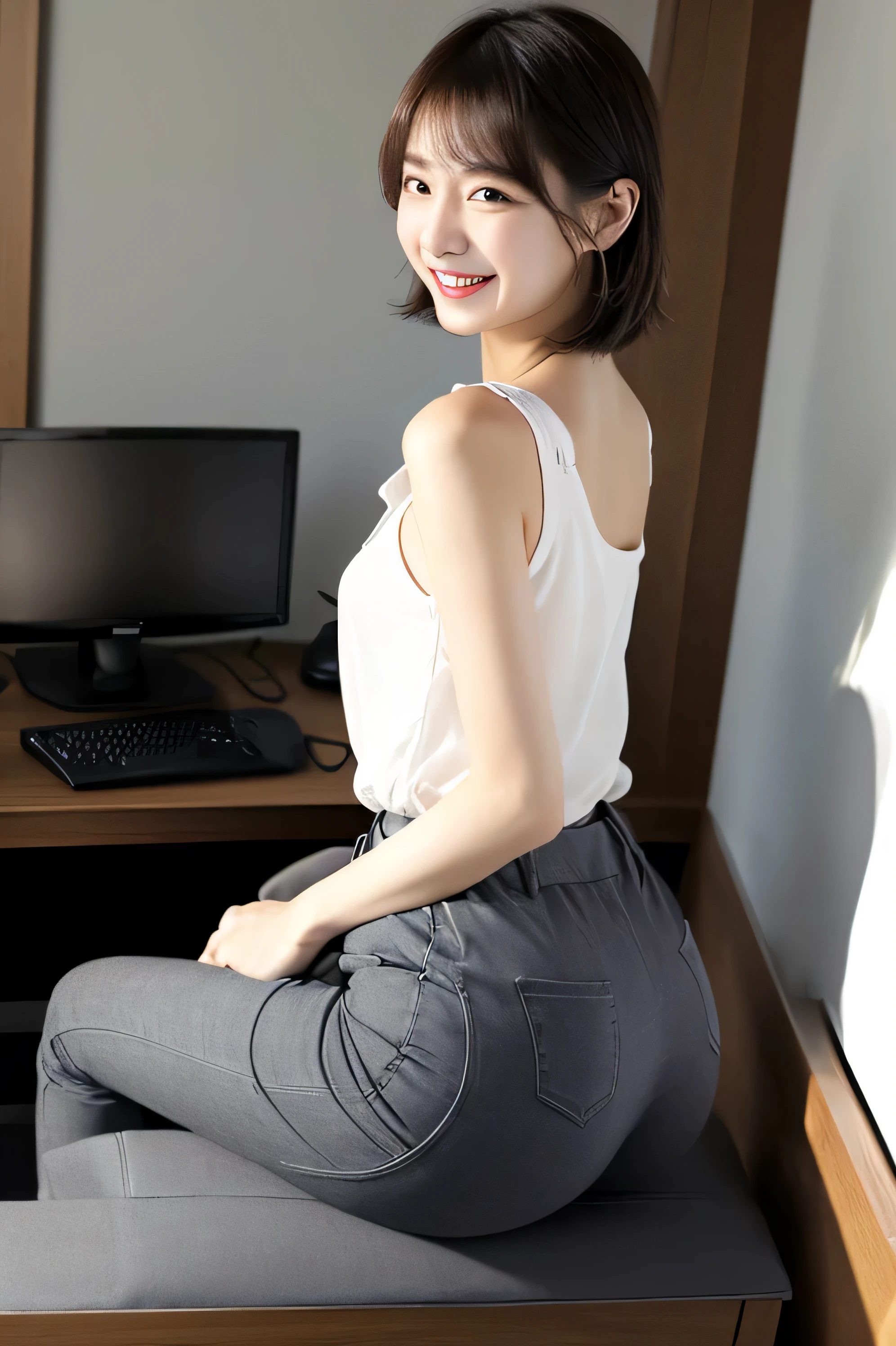 ((8K)、top-quality、masterpiece、超A high resolution:1.2)Photo Beautiful Japan woman、Elegance、There is a good、Transparent atmosphere、Beautiful face、Gradient lighting、1girl in、Delicate skin、Look into the distance、Brown-eyed、(short hair with bangs:1.2)、(breasts are large:1.0)、(realisitic:1.4)、(top-quality:1.0)、(超A high resolution:1.0)、8K、Raw photography、(masterpiece:0.2)、(pureerosface)、 Tight Business White Shirt、Tight Y-shirt、Sleeveless、no sleeves、The shirt、Tight silhouette、Black pants、Business Fashion、Dark gray pants、want me、Take your eyes off、s Office、There are many computers lined up、Lots of desks、Large office、total darkness、subject、Lean、Having a file、deep in the night、Ass big、Kinda chubby、chubby figure、Bangs shed to the side、Perfect hairstyle、Bring your hair up、Wind that can work、Put your ears out、Elbows on the desk、Sit up、cross one's legs、sit a chair、From elbow to elbow with one elbow、Leaning on the desk、Laugh、smil、