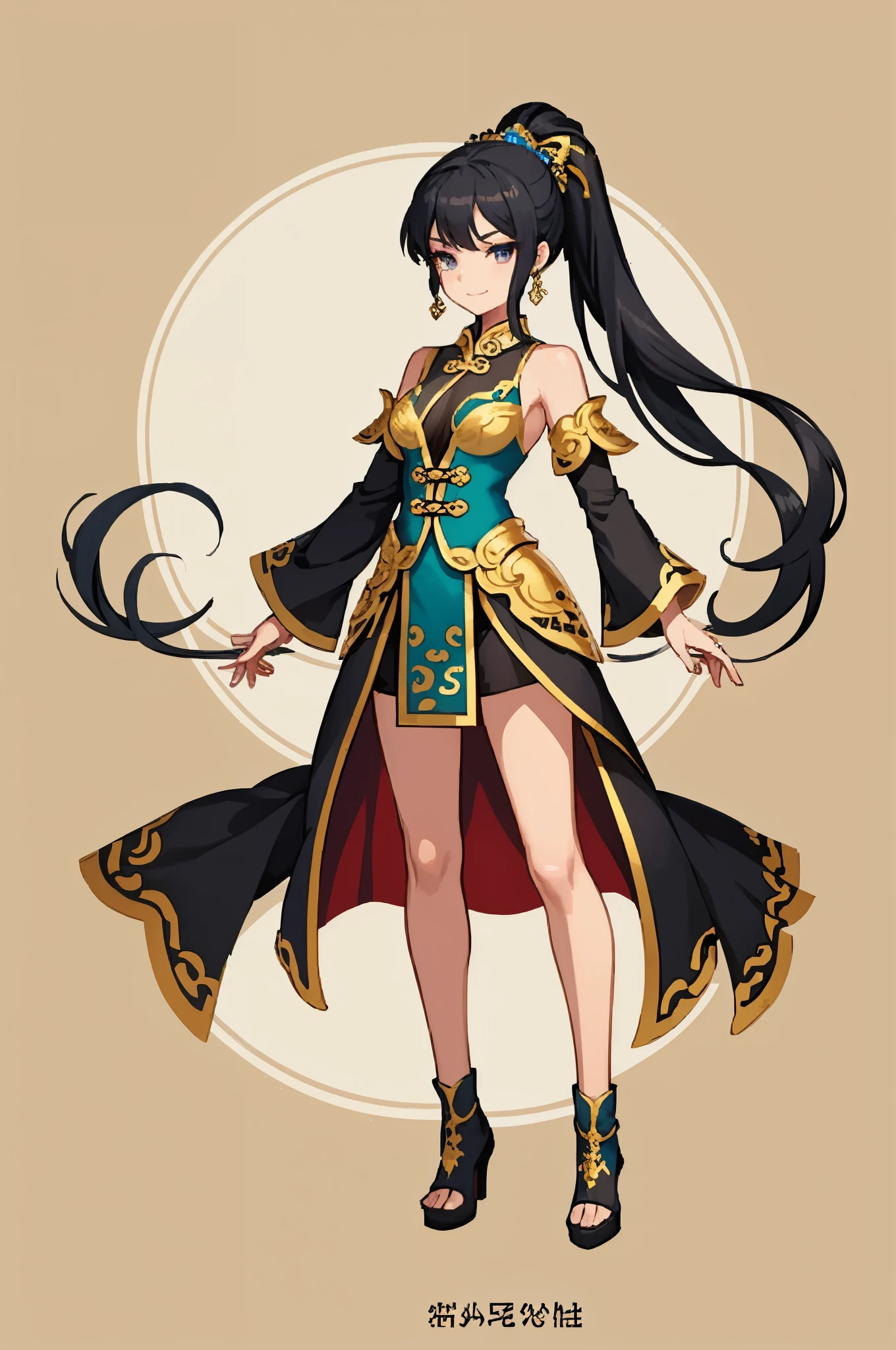 (official art：1.5，best quality，fine details)Full body female love，beautiful white girl，Chinese mythology style fantasy world costume，long flowing black hair，hair accessories，very long ponytail，Elegant demeanor，faint smile，heroic，body is beautiful，beautiful legs，Perfect body，Elegant and smooth，Ultra-clear，Ultra-detailed image quality，masterpiece，Full body painting，Super details，HD