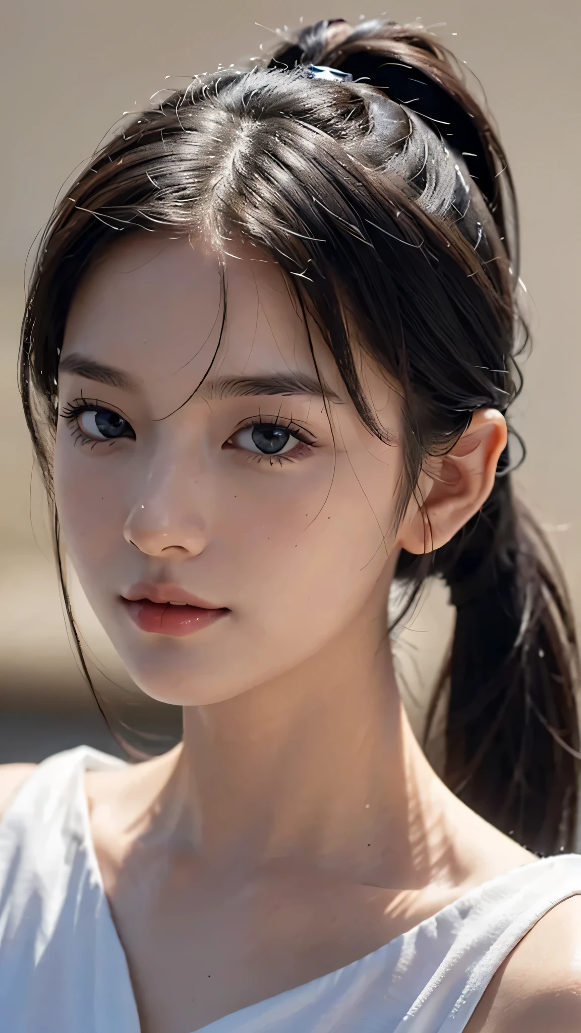 One woman,fully body photo,masutepiece, The highest image quality, High quality, the background is clear,Beautiful woman, Japanese, Detailed, Detailed eyes, Detailed skin, Beautiful skin, 超hight resolution, (reality: 1.4),Very beautiful woman, Slightly younger face, Beautiful skin, slender, (Ultra photo realsisim), (hight resolution), (8K), (Very detailed) (beautifully detailed eyes), (super detailed), (Detailed face), view the viewer, Fine details, Detailed face, Staring straight ahead, Staring straight ahead, photos realistic, Bright lighting, Professional Lighting, Black hair,poneyTail,a baby face,sixteen years old,Hairstyle is ponytail,long ponytail hairstyle,slight smile, fashion