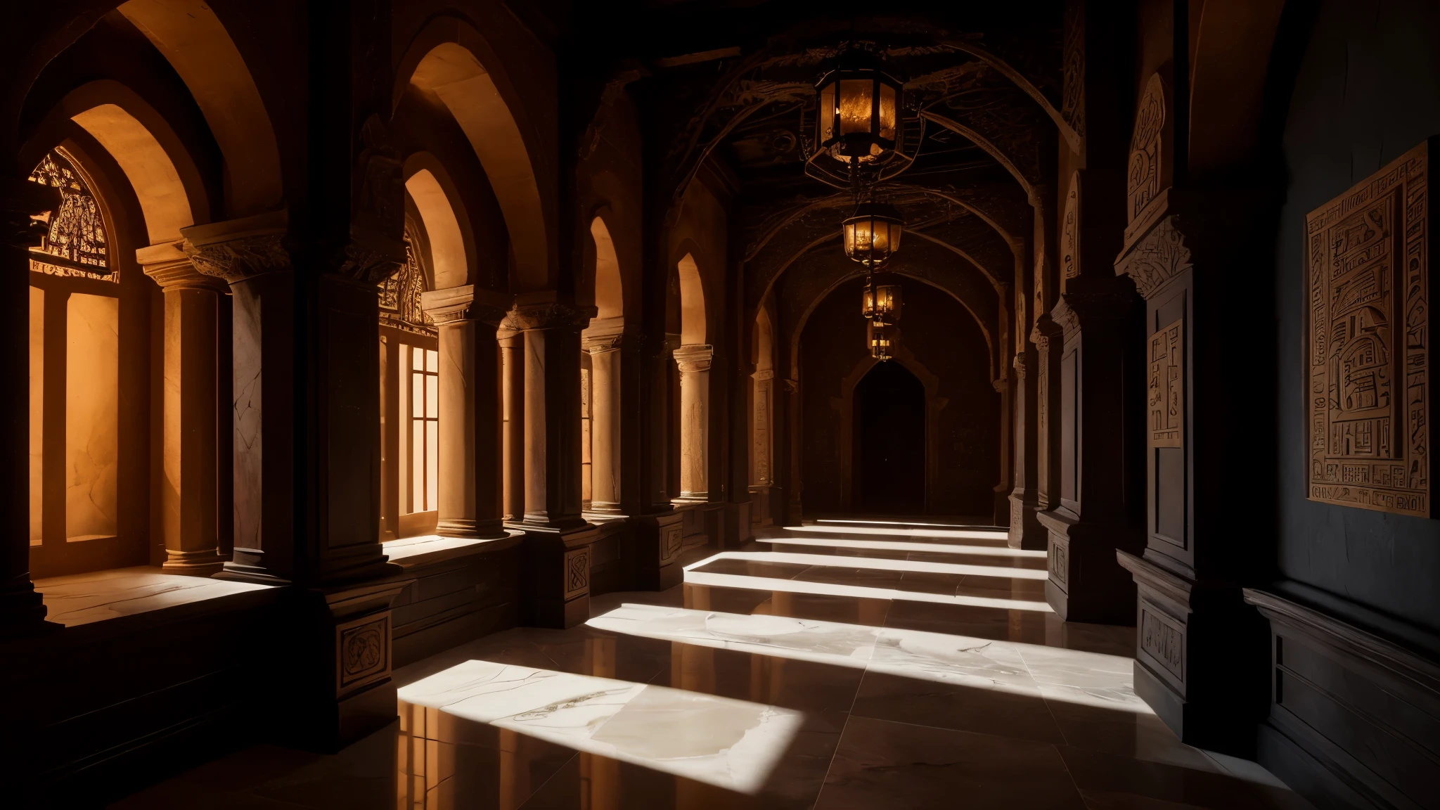 cult master female,dark curly hair,cape robe,walking in a dark ancient hall,(best quality,4k,8k,highres,masterpiece:1.2),ultra-detailed,(realistic,photorealistic,photo-realistic:1.37),candlelight illuminating,hall filled with mysterious atmosphere,Egyptian hieroglyphics etched on the walls,ornate pillars supporting the ceiling,flickering shadows creating an eerie ambiance,ominous whispers echoing in the air,dust particles floating in the beam of light,aura of power and sophistication emanating from the cult master's presence,antique torches casting a dim glow,subtle reflections on the marble floor,subdued color palette with deep shades of purple and black,arches and archways leading to hidden chambers and secret passages,meticulously designed sacred symbols scattered throughout the hall,well-worn stone steps leading to an elevated platform,an intricately carved wooden staff held firmly in the cult master's hand,eyes filled with ancient wisdom and knowledge,decorative tapestries and draperies adorning the walls,an air of mystique and secrecy permeating the scene,a feeling of anticipation and suspense in the air,creating an artwork that captures the essence of darkness and intrigue.