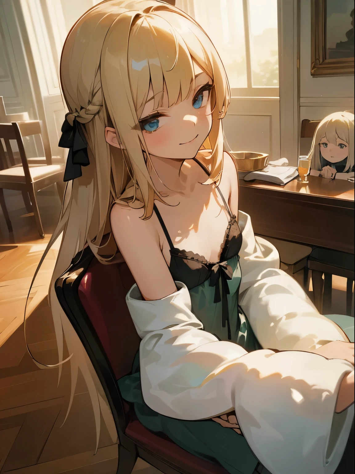 Reines, 1girl, high quality, best quality, illustration, masterpiece, (highly detailed:1.2), (extremely detailed:1.3), flat chest, bra, camisole, spaghetti straps, backless, bare shoulders, young girl, braid, (children:1.2), , in a house, sitting on chair, smiling, detachable sleeve, (selfie:1.2)