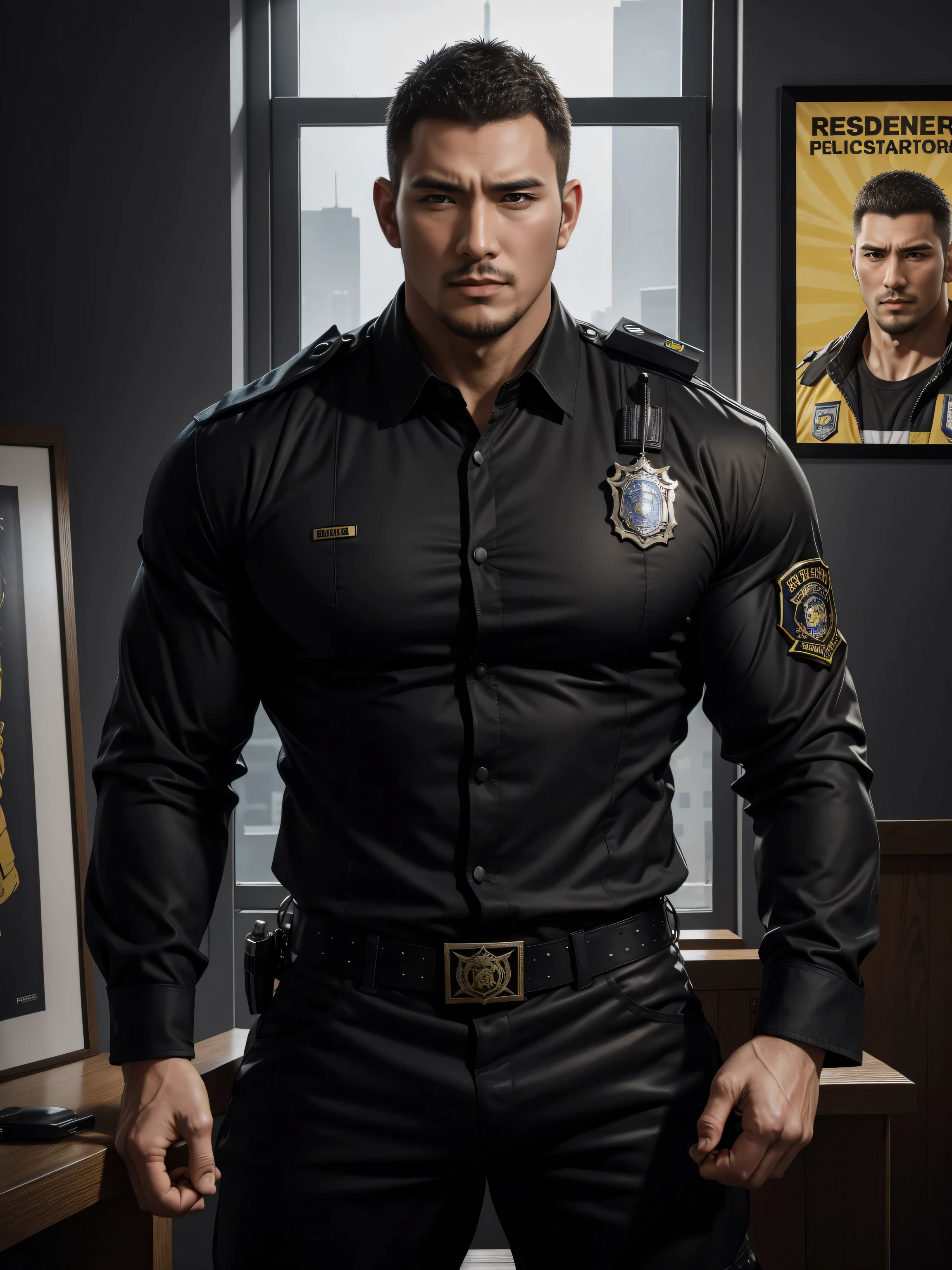 Tall giant muscular肌肉男警官，Yellow and black long-sleeved jacket police uniform，Wear it over a shirt，police certificate，fitness mural poster，character concept（Resident Evil - chris redfield，chris redfield）proud expression，Deep and charming eyes，heroic male pose，高大burly，muscular！muscular大腿，tough guy，perfect facial features，High, burly, Heqiang， Super gain and cool， high resolution committee，Charming strong man，The bright sunshine shines on the face through the window