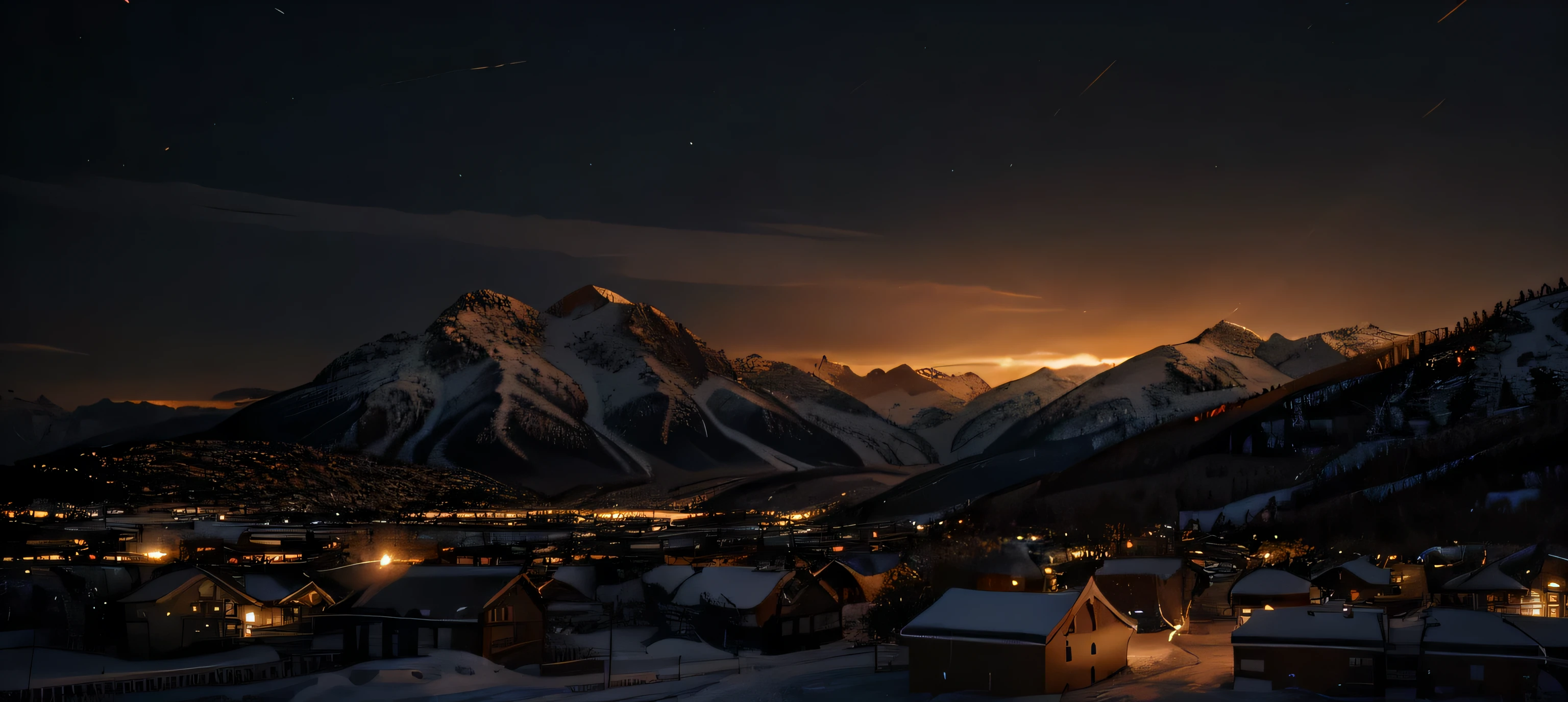 (extremely detailed 8k wallpaper), sky, night, snow, city mixed with nature, mountains, award-winning photography, dramatic lighting, (dark and orange colors), dark orange lights.