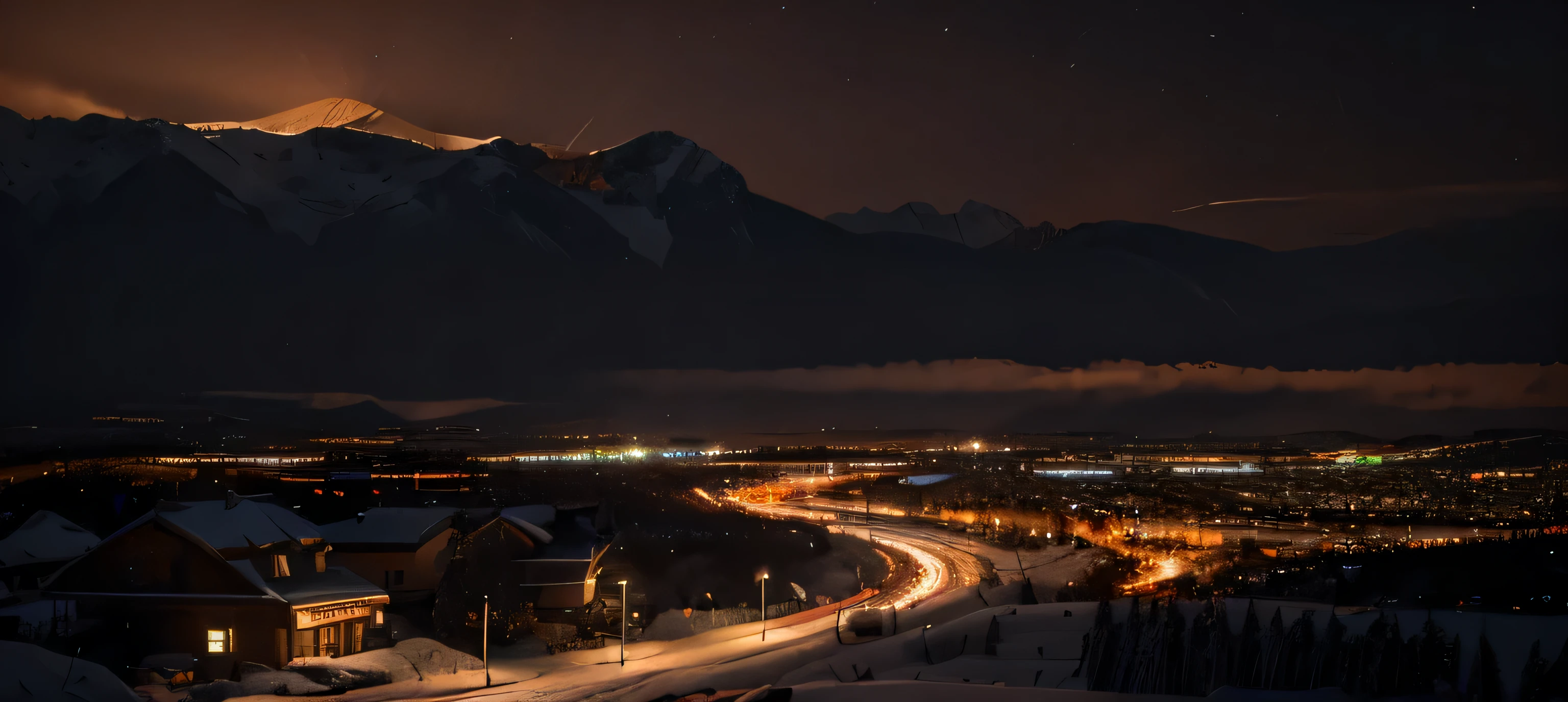 (extremely detailed 8k wallpaper), sky, night, snow, city mixed with nature, mountains, award-winning photography, dramatic lighting, (dark and orange colors), dark orange lights.