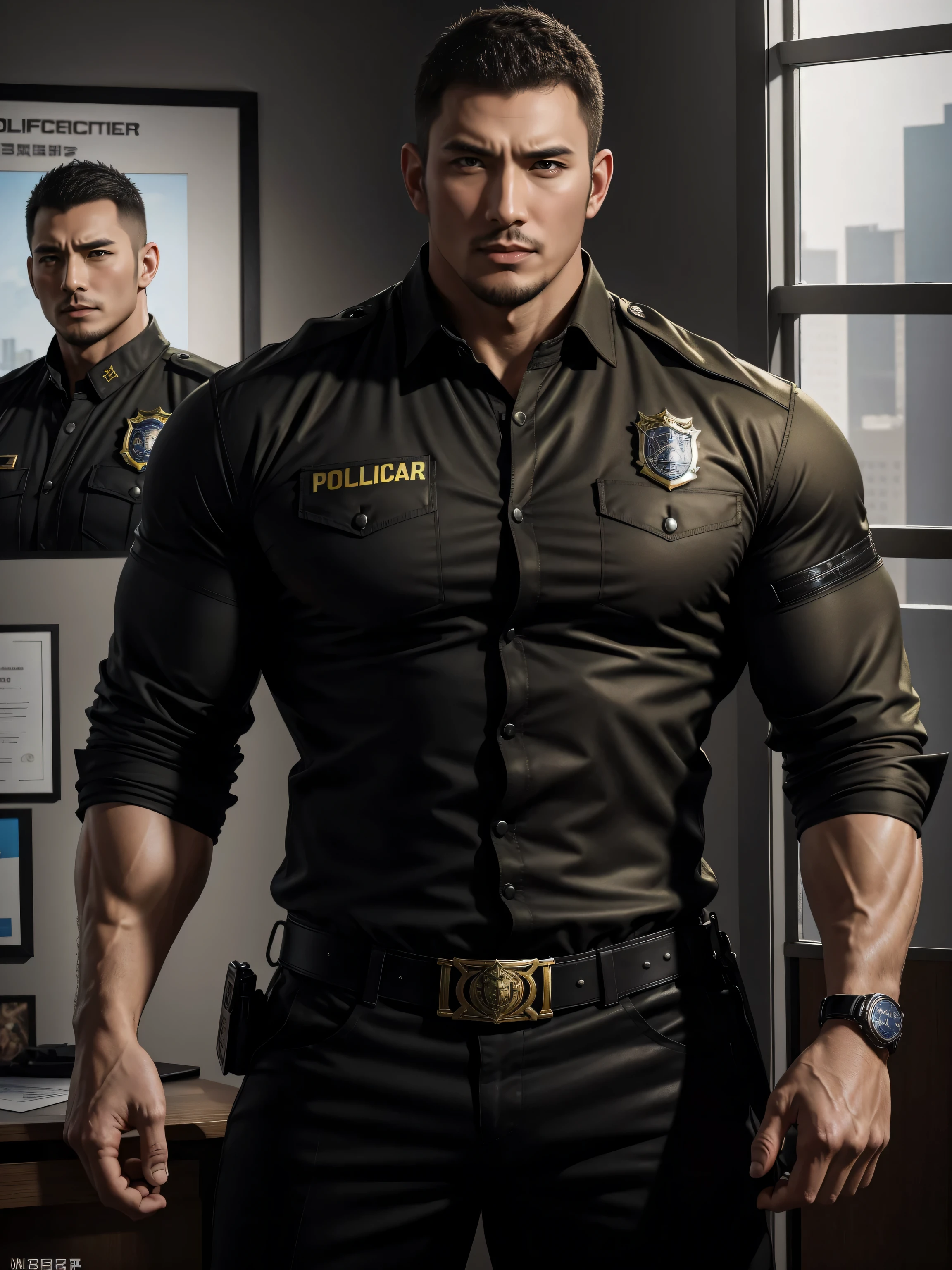 Tall giant muscular肌肉男警官,Yellow and black long-sleeved jacket police uniform,Wear it over a shirt,police certificate,fitness mural poster,character concept(Resident Evil - chris redfield,chris redfield)proud expression,Deep and charming eyes,heroic male pose,高大burly,muscular!muscular大腿,tough guy,perfect facial features,High, burly, Heqiang, Super gain and cool, high resolution committee,Charming strong man,The bright sunshine shines on the face through the window