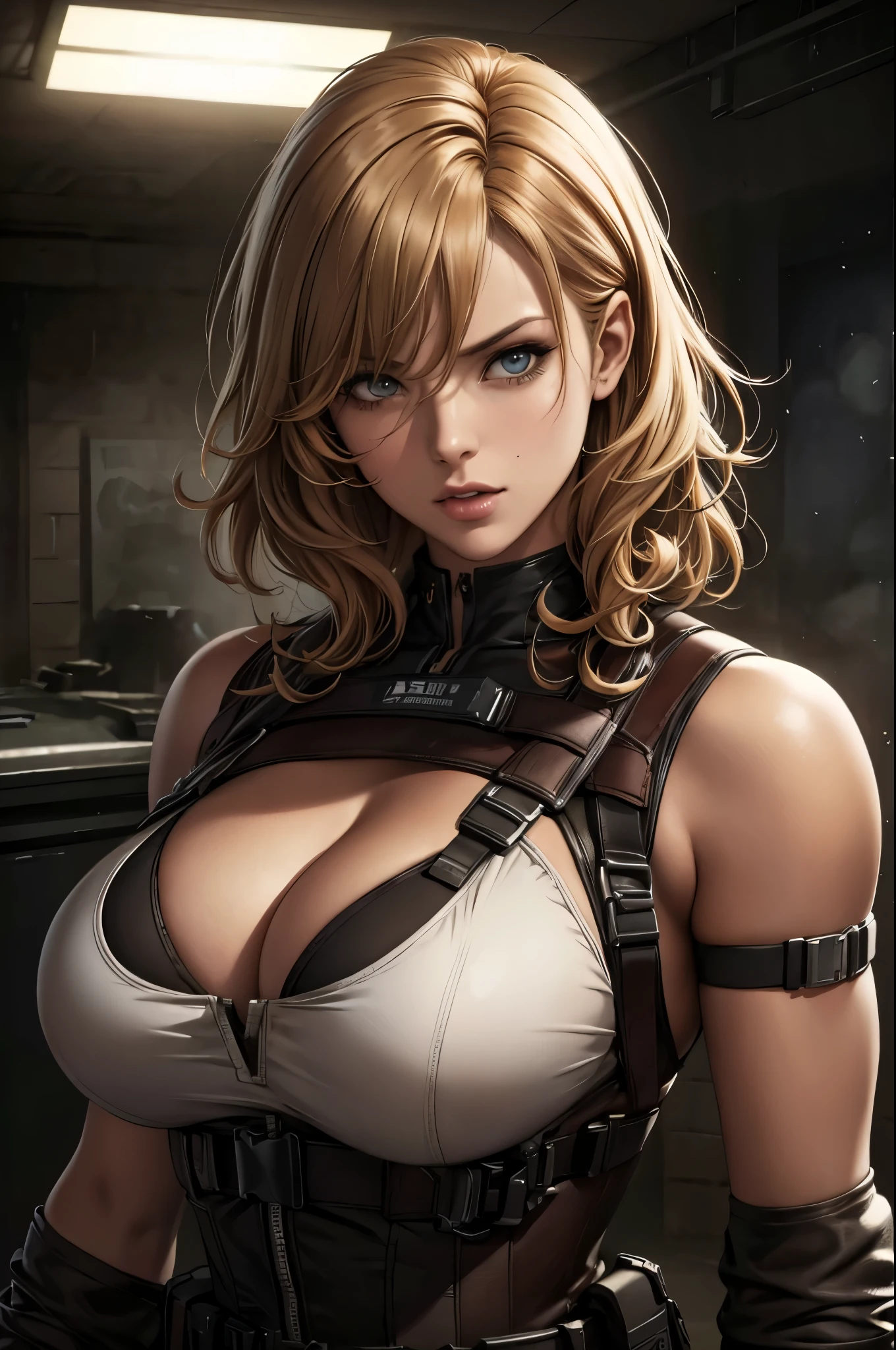 super fine illustration, ultra high resolution, masterpiece, highest quality, perfect dark skin, perfect lighting, detailed lighting, dramatic shadow, ray tracing, 1 beautiful white milf, looking at the viewer, small breasts,  exposed cleavage, beautiful detailed hazel eyes, sharp face, clear eyes, long bang, ((medium curly blond hair:1.2)), ((post-apocalyptic fiction)), ((desert:1.2)), ((Upper body:1.2)), battle suit, military harness, Alice Abernathy - Resident Evil Series, Milla Jovovich,