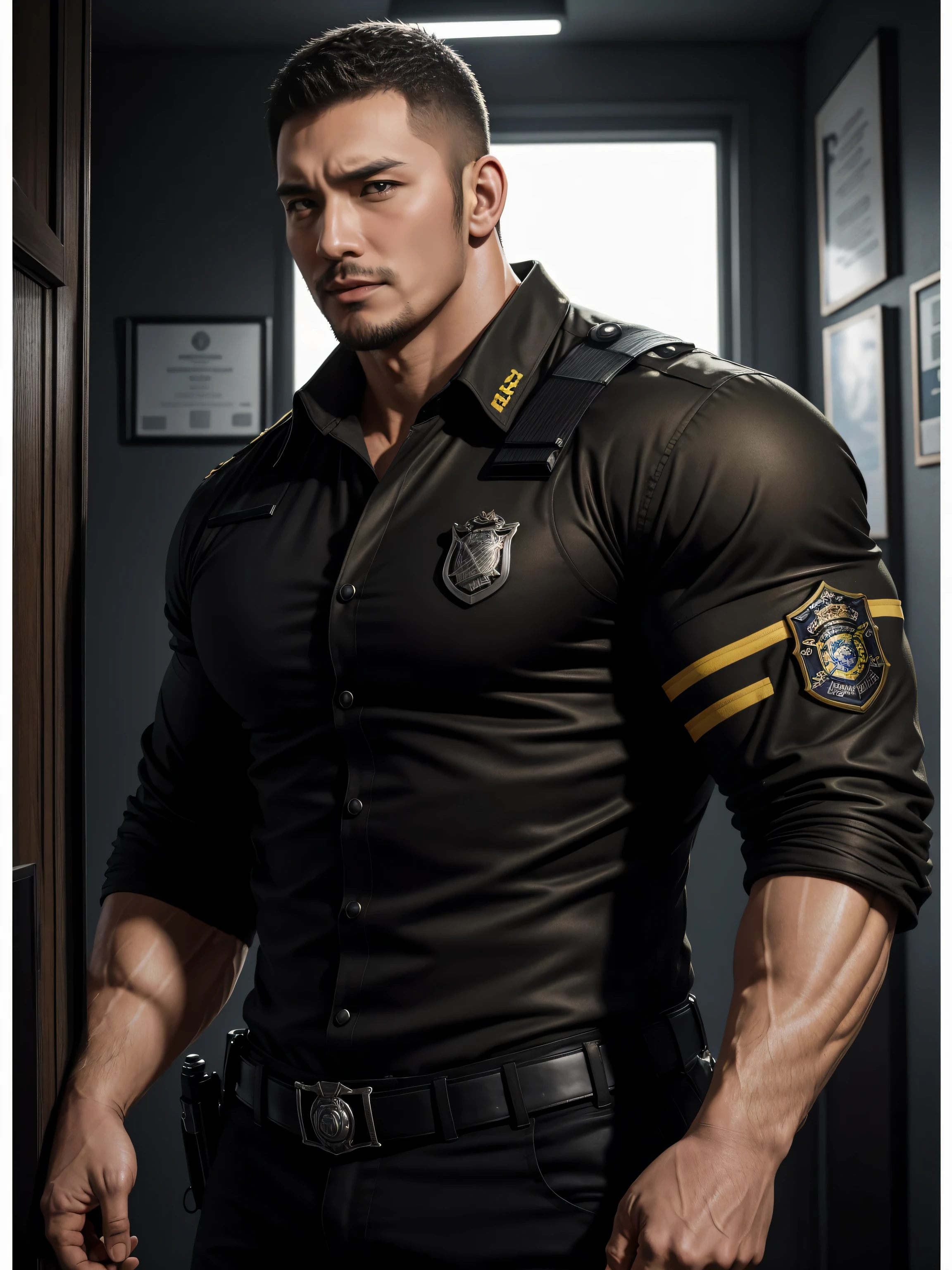 Tall giant muscular肌肉男警官,Yellow and black long-sleeved jacket police uniform,Wear it over a shirt,police certificate,fitness mural poster,character concept(Resident Evil - chris redfield,chris redfield)proud expression,Deep and charming eyes,heroic male pose,高大burly,muscular!muscular大腿,tough guy,perfect facial features,High, burly, Heqiang, Super gain and cool, high resolution committee,Charming strong man,The bright sunshine shines on the face through the window