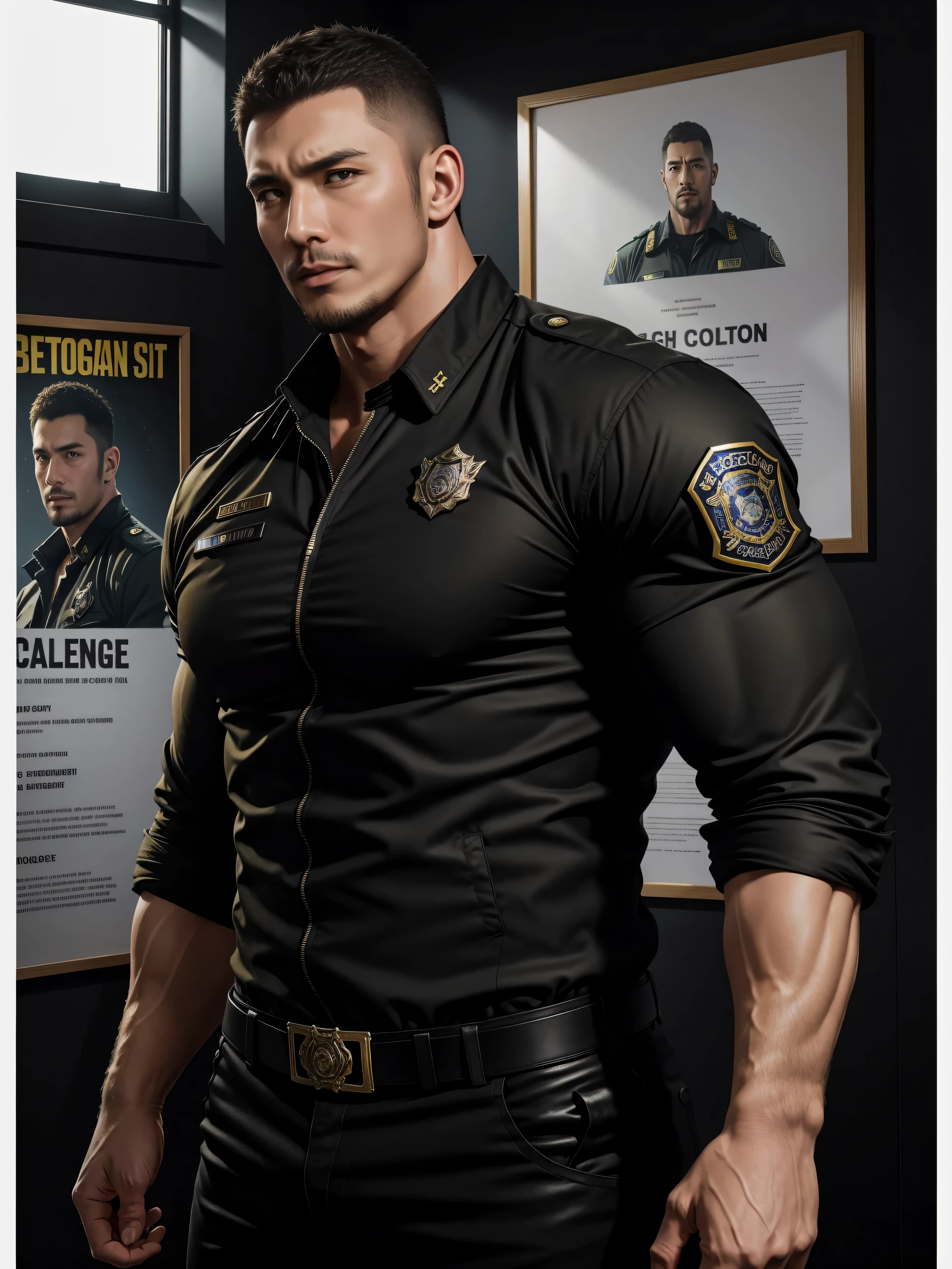 Tall giant muscular肌肉男警官,Yellow and black long-sleeved jacket police uniform,Wear it over a shirt,police certificate,fitness mural poster,character concept(Resident Evil - chris redfield,chris redfield)proud expression,Deep and charming eyes,heroic male pose,高大burly,muscular!muscular大腿,tough guy,perfect facial features,High, burly, Heqiang, Super gain and cool, high resolution committee,Charming strong man,The bright sunshine shines on the face through the window