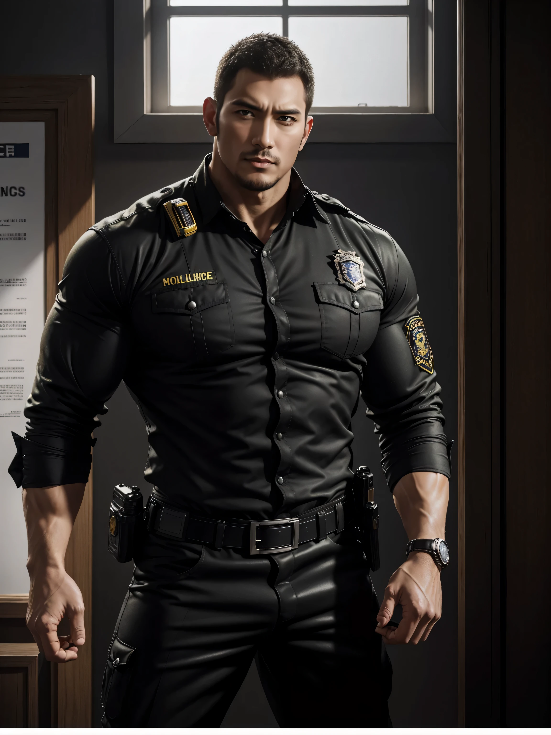 Tall giant muscular肌肉男警官,Yellow and black long-sleeved jacket police uniform,Wear it over a shirt,police certificate,fitness mural poster,character concept(Resident Evil - chris redfield,chris redfield)proud expression,Deep and charming eyes,heroic male pose,高大burly,muscular!muscular大腿,tough guy,perfect facial features,High, burly, Heqiang, Super gain and cool, high resolution committee,Charming strong man,The bright sunshine shines on the face through the window