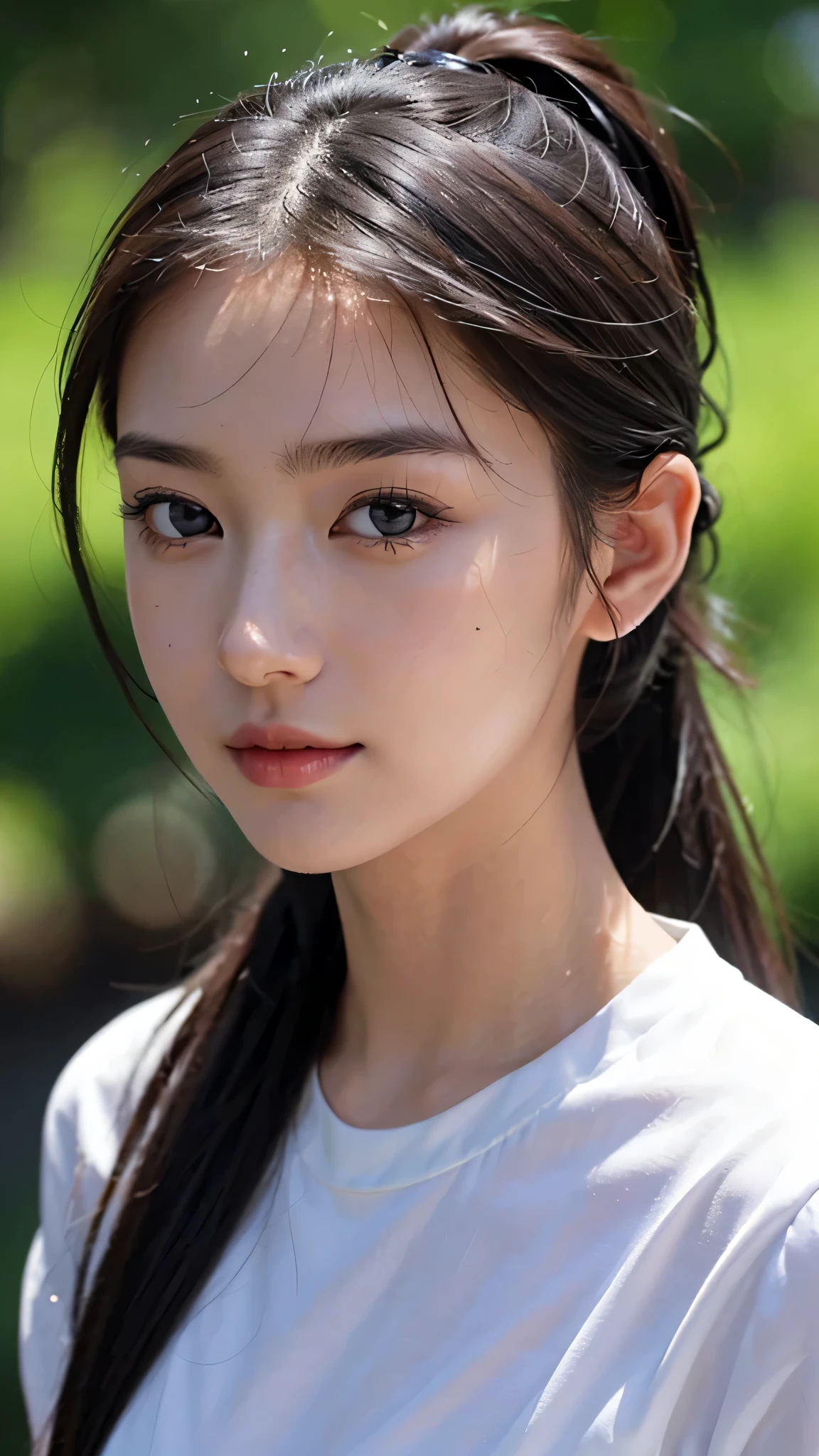 One woman,fully body photo,masutepiece, The highest image quality, High quality, the background is clear,Beautiful woman, Japanese, Detailed, Detailed eyes, Detailed skin, Beautiful skin, 超hight resolution, (reality: 1.4),Very beautiful woman, Slightly younger face, Beautiful skin, slender, (Ultra photo realsisim), (hight resolution), (8K), (Very detailed) (beautifully detailed eyes), (super detailed), (Detailed face), view the viewer, Fine details, Detailed face, Staring straight ahead, Staring straight ahead, photos realistic, Bright lighting, Professional Lighting, Black hair,poneyTail,a baby face,sixteen years old,Hairstyle is ponytail,long ponytail hairstyle,slight smile, fashion