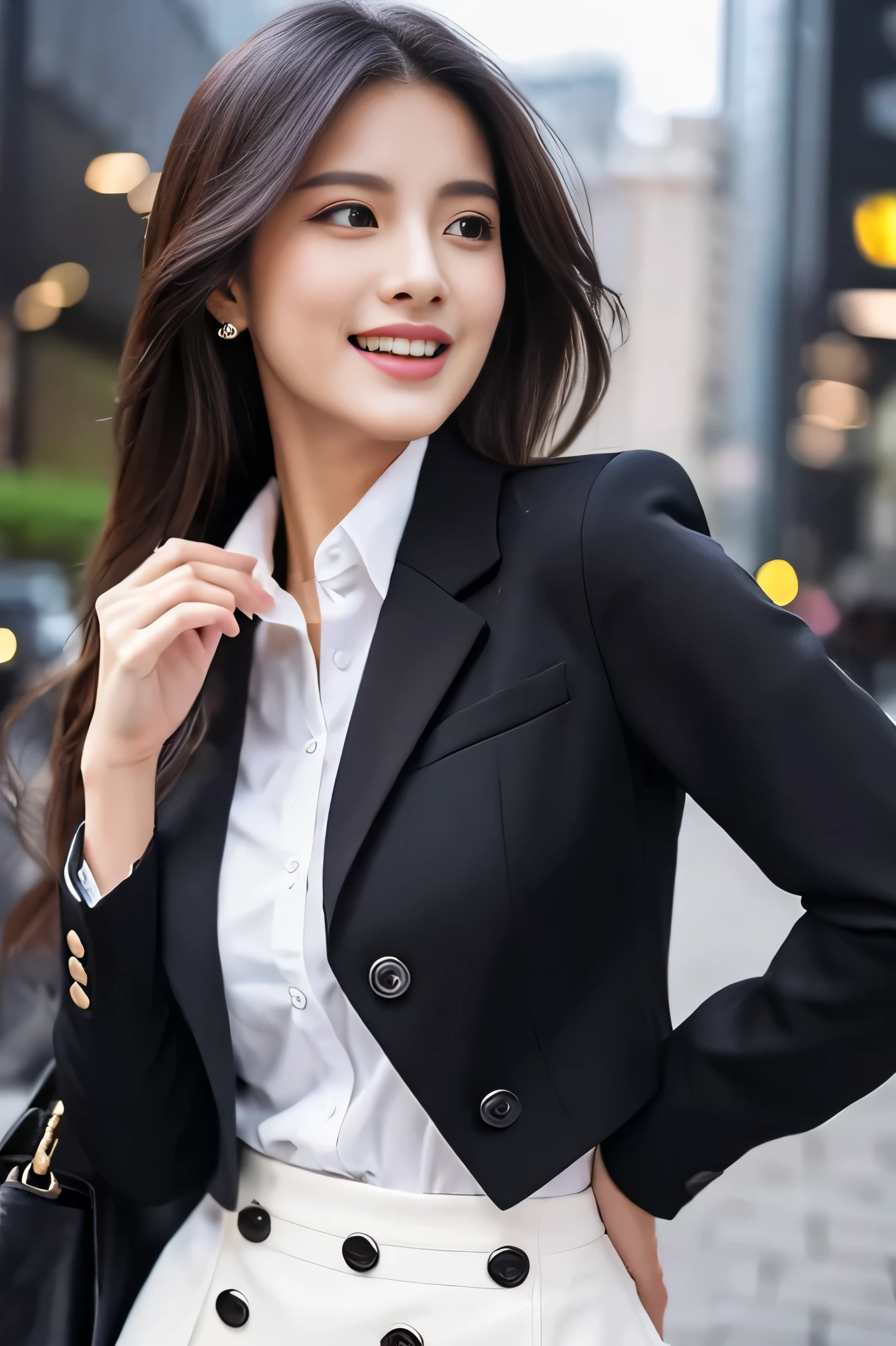purely、Make a call with your smartphone、Beautiful woman、business、black jacket、White Button Shirt、Tight Skirt、picture、detailed face、detailed lips、detailed eye、laughter