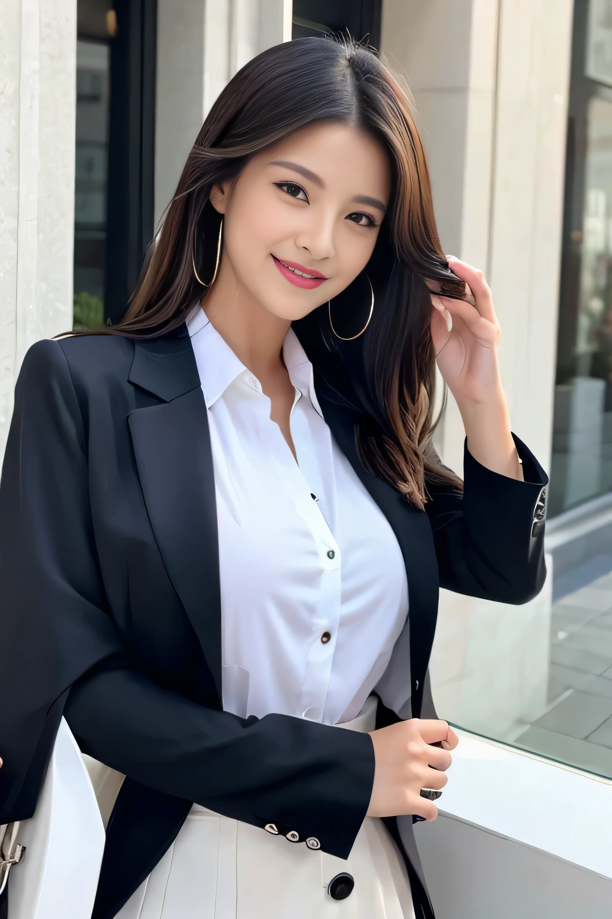 purely、Make a call with your smartphone、Beautiful woman、business、black jacket、White Button Shirt、Tight Skirt、picture、detailed face、detailed lips、detailed eye、laughter