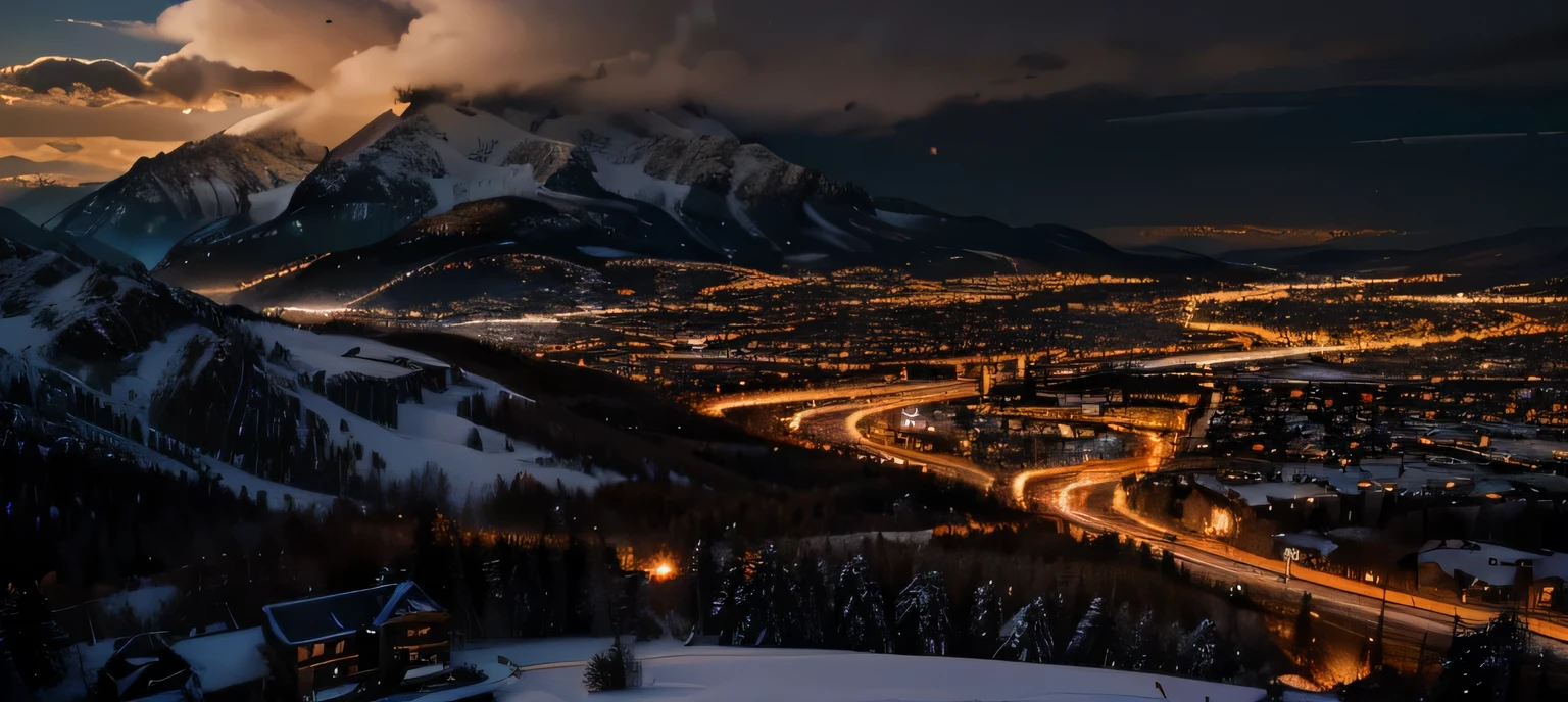 (extremely detailed 8k wallpaper), sky, night, snow, city mixed with nature, mountains, award-winning photography, dramatic lighting, (dark and orange colors), dark orange lights.