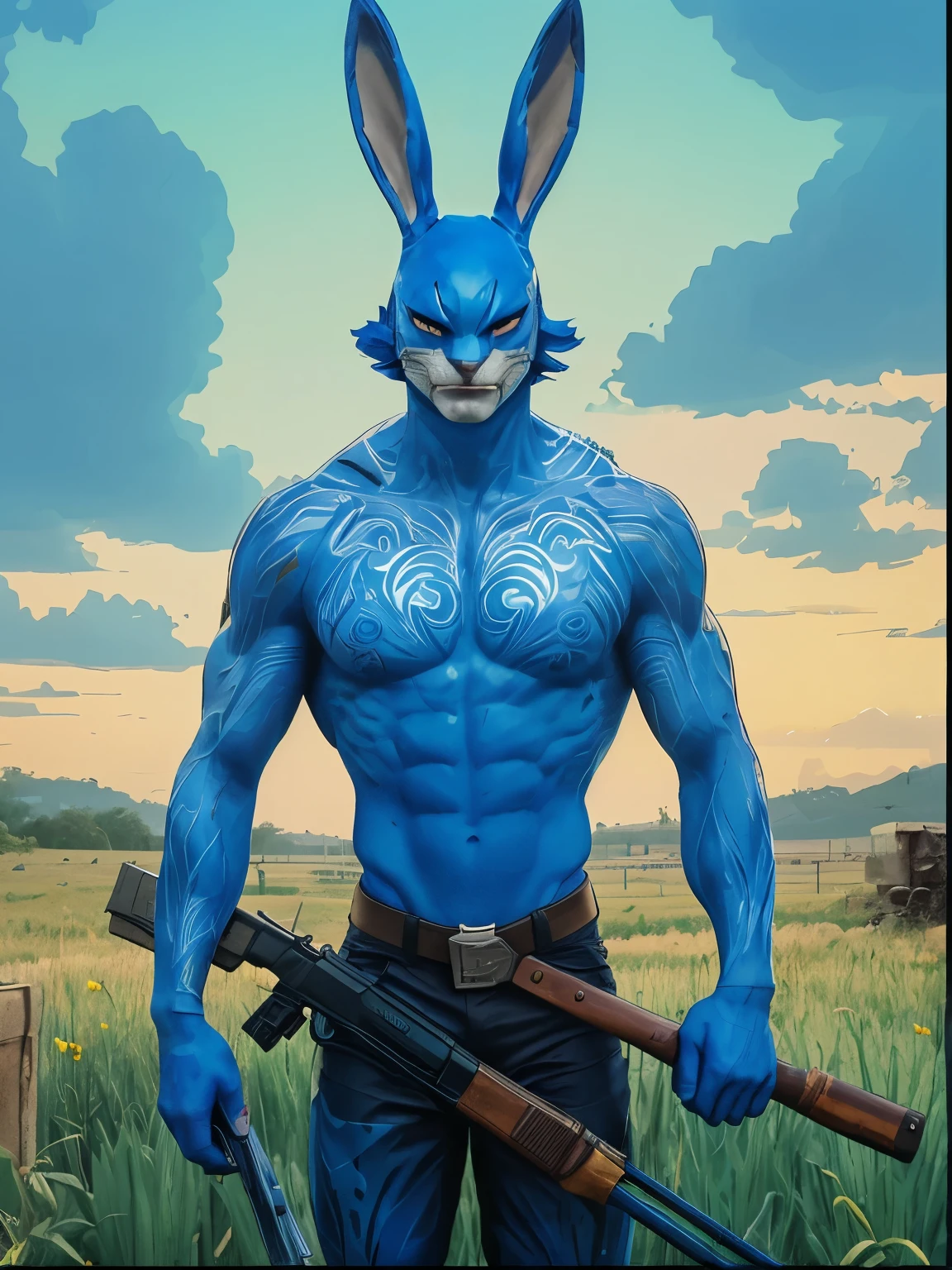 arafed man with blue paint and a blue bunny mask holding a rifle, rabbit warrior, anime character; full body art, fullbody art, blue body paint, full - body art, the blue panther, full body art, with blue skin, blue body, guyver style, rabbt_character, comic book character, highly detailed full-body art