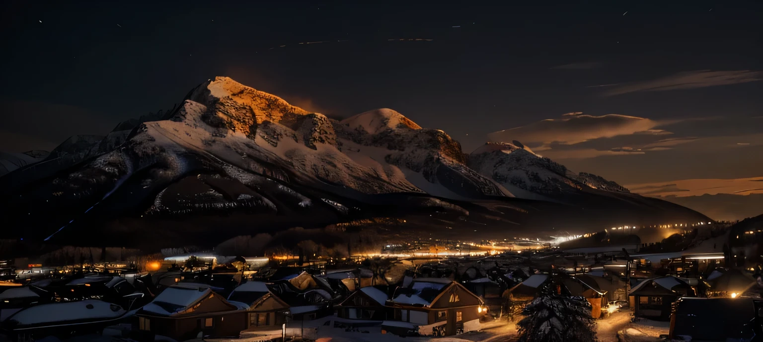 (extremely detailed 8k wallpaper), sky, night, snow, city mixed with nature, mountains, award-winning photography, dramatic lighting, (dark and orange colors), dark orange lights.
