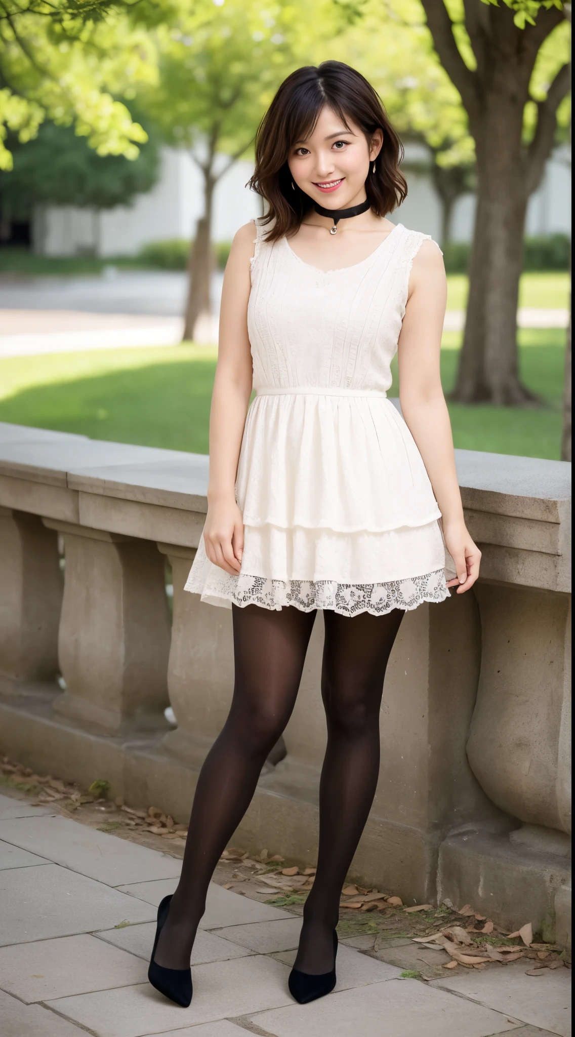 ulzzang-6500-v1.1,  (RAW photo:1.2), (Photoreal), beautiful details, (genuine: 1.4), A simple 33 year old wife、(Wearing a knit dress that shows off your body line)、(super realistic pantyhose:1.3)、thighs thighs、walk in the park、Height: 156cm, Slightly chubby body type、choker、japanese model, short layered hair、laughter、smile、japanese girl, neat japanese woman, japanese goddess, innocence、huge file size, High resolution, very detailed, highest quality, [masterpiece:1.6], enlightenment, very detailed, nffsw, finely, highest quality, 8k wallpaper, movie lighting,  cute droopy eyes beautiful big eyes juste piece)), highest quality, 1 milf, eye shadow, portrait, (((full body shot:1.3)))、((とても愛情深いsmile:1.2))、((very long legs:1.3)),(elegant brown hair:1.4)),((short hairstyle:1.4)), 　shiny skin、exposed thighs!!!、