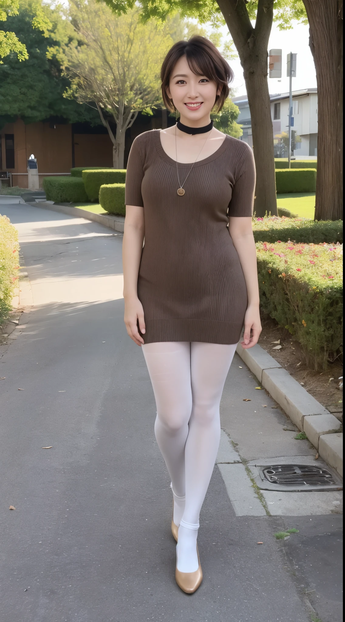 ((best quality)), ((masterpiece)), ((realistic)), 45-year-old, Japanese woman, short girl, cute face, mesmerizing blue eyes, extremely detailed, natural skin tone, skin with pores, slim abs,thick thighs, enormous hips wearing turqoise long sleeves sweater, wearing Plizcated Suit Maxi Dress, portrait, full body shot, slim body, wearing pink shoes, side view, cameltoe, walking in park, shallow depth of field