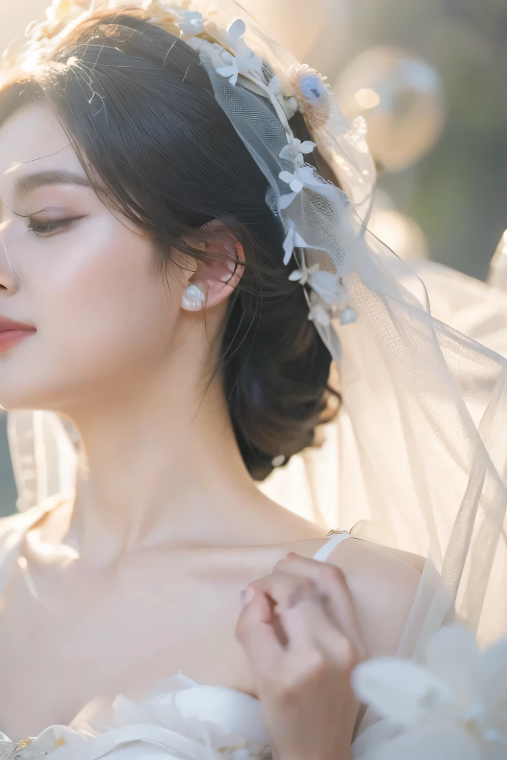 Bride and groom standing in field with eyes closed, emphasize, Song Hye Kyo, Ethereal and dreamy theme, jiyun chae, Dreamy and ethereal, ethereal beauty, simple white veil, sha xi, Li Zhien, Li Zhien, Cui Xianhua, Yin Shishan, Ethereal and dreamy, Inspired by Zheng Shan