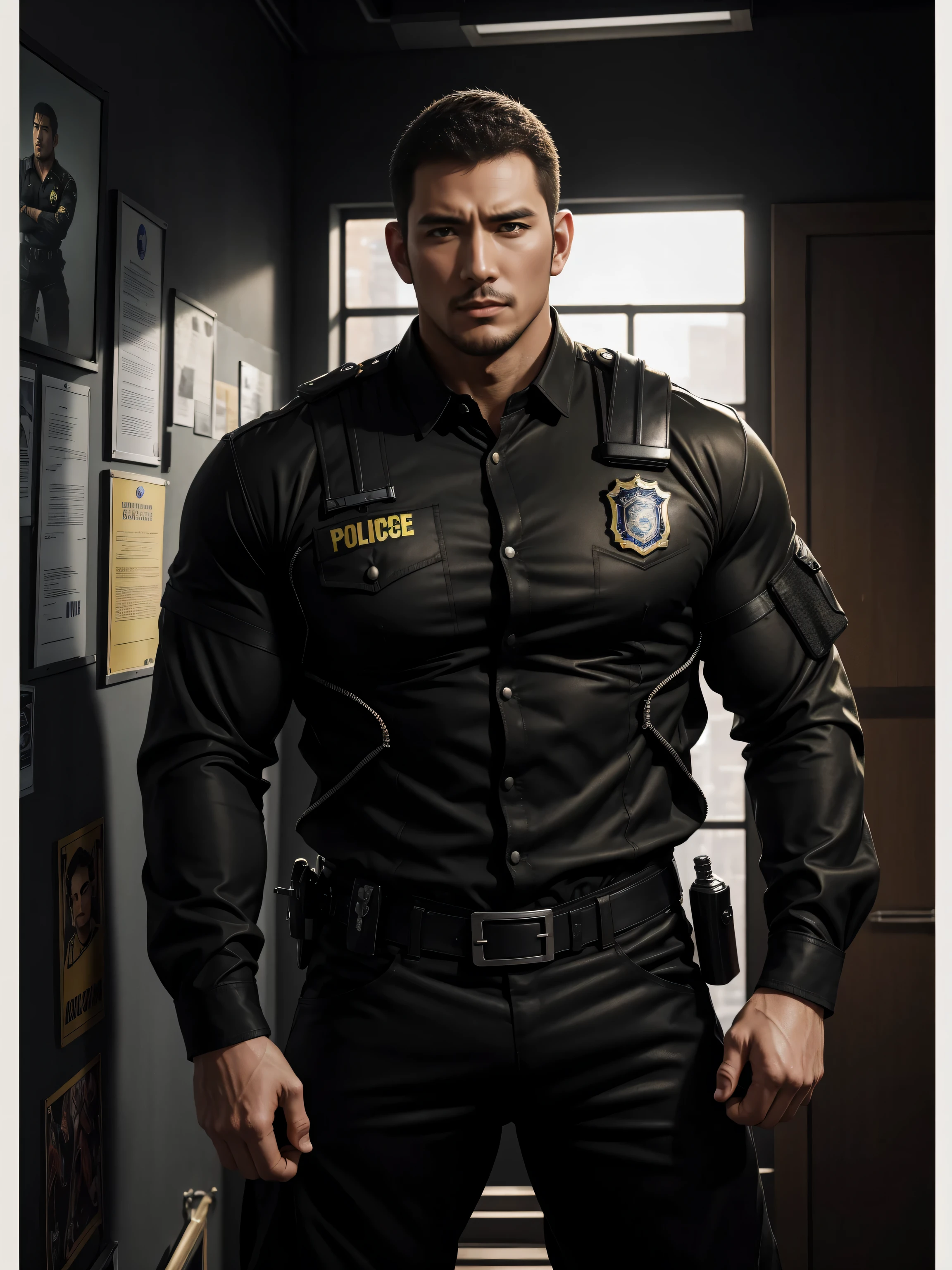 Tall giant muscular肌肉男警官,Yellow and black long-sleeved jacket police uniform,Wear it over a shirt,police certificate,fitness mural poster,character concept(Resident Evil - chris redfield,chris redfield)proud expression,Deep and charming eyes,heroic male pose,高大burly,muscular!muscular大腿,tough guy,perfect facial features,High, burly, Heqiang, Super gain and cool, high resolution committee,Charming strong man,The bright sunshine shines on the face through the window