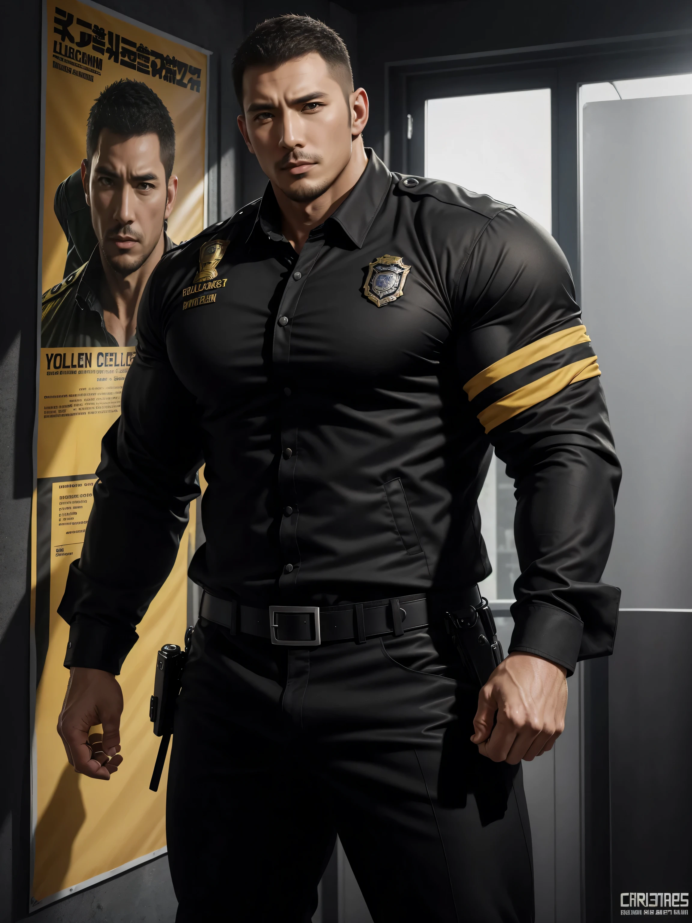 Tall giant muscular肌肉男警官,Yellow and black long-sleeved jacket police uniform,Wear it over a shirt,police certificate,fitness mural poster,character concept(Resident Evil - chris redfield,chris redfield)proud expression,Deep and charming eyes,heroic male pose,高大burly,muscular!muscular大腿,tough guy,perfect facial features,High, burly, Heqiang, Super gain and cool, high resolution committee,Charming strong man,The bright sunshine shines on the face through the window