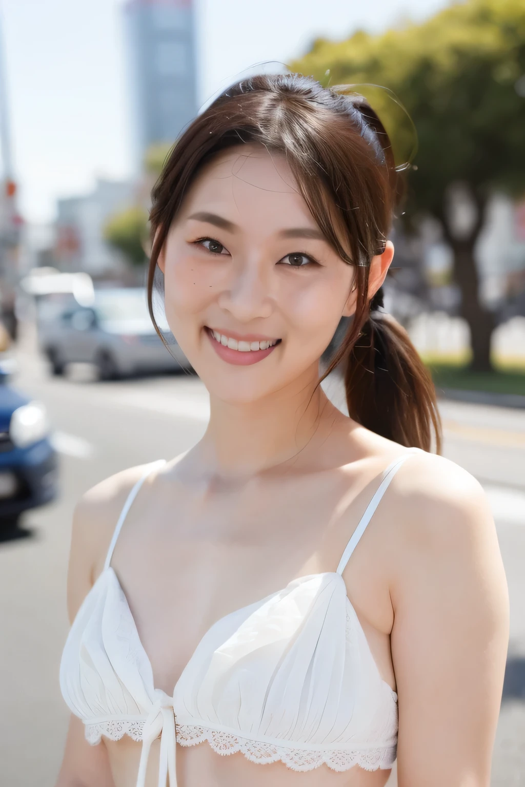 NSFW:1.3:((highest quality、8K resolution、master masterpiece、portrait:1.3)), Photoreal, 35mm film, mature woman:1.5,on the street during the day, wrinkles around the eyes,wrinkles around the mouth、ponytail,((fancy white lingerie:1.3)) , (outdoors_city street: 1.3), jumbled background,look at the audience,(Tokyo cityscape:1.3), whole body,smile