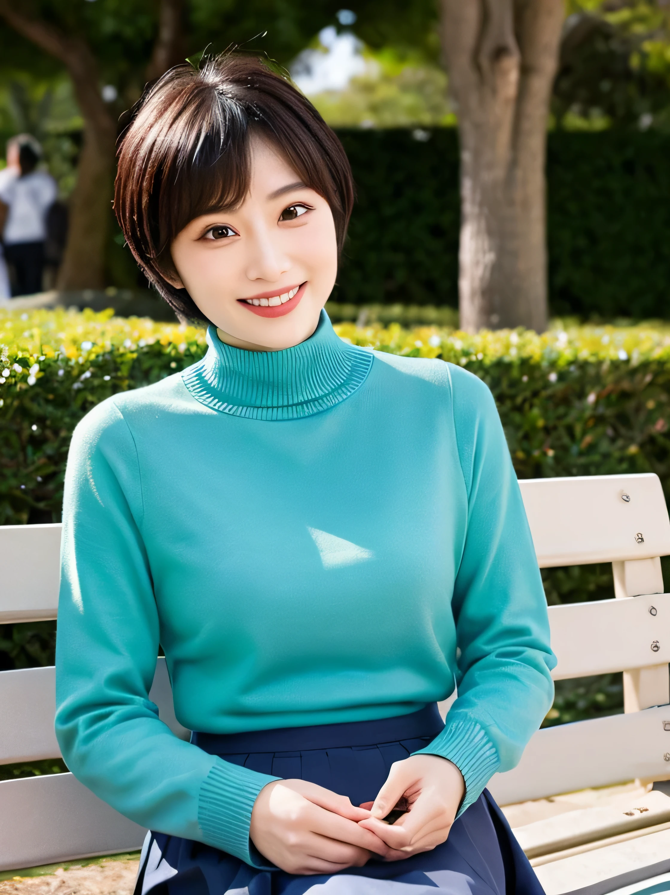 Light blue turtle neck sweater、Green skirt、Sitting on a park bench、fountain in the back,Big eyes、A Japanese Lady、a smile、Short cut Hair、a necklesilky skin, Japanese woman,40s