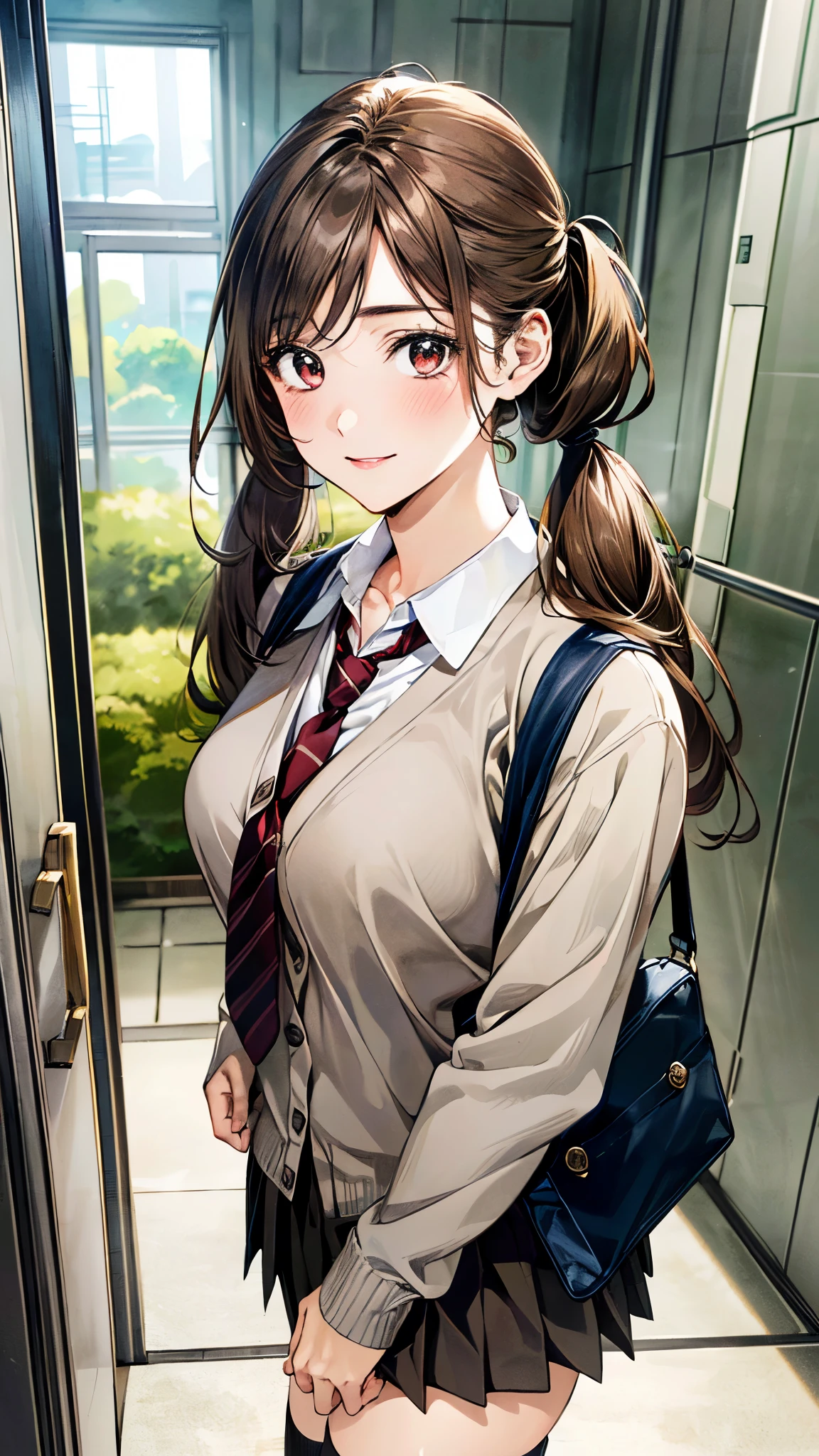 (masterpiece:1.2, top-quality, ultra high res, ultra detailed), (realistic, photorealistic:1.4), beautiful illustration, (natural side lighting, movie lighting),
looking at viewer, full body, 1 girl, japanese, nurse, 19 years old, perfect face, (perfect anatomy), cute and symmetrical face, baby face, shiny skin, slender,
(long hair:1.5, low twintails:1.5, light brown hair), swept bangs, gold eyes, drooping eyes, big eyes, long eye lasher, (medium breasts),
beautiful hair, beautiful face, beautiful detailed eyes, beautiful clavicle, beautiful body, beautiful chest, beautiful thigh, beautiful legs, beautiful fingers,
((detailed cloth texture, long sleeves light brown cardigan:1.4, light grey pleated skirt, white collared shirt), dark red tie, white thigh-high), navy school bag,
(beautiful scenery), day time, (hospital hallway), (lovely smile, upper eyes),