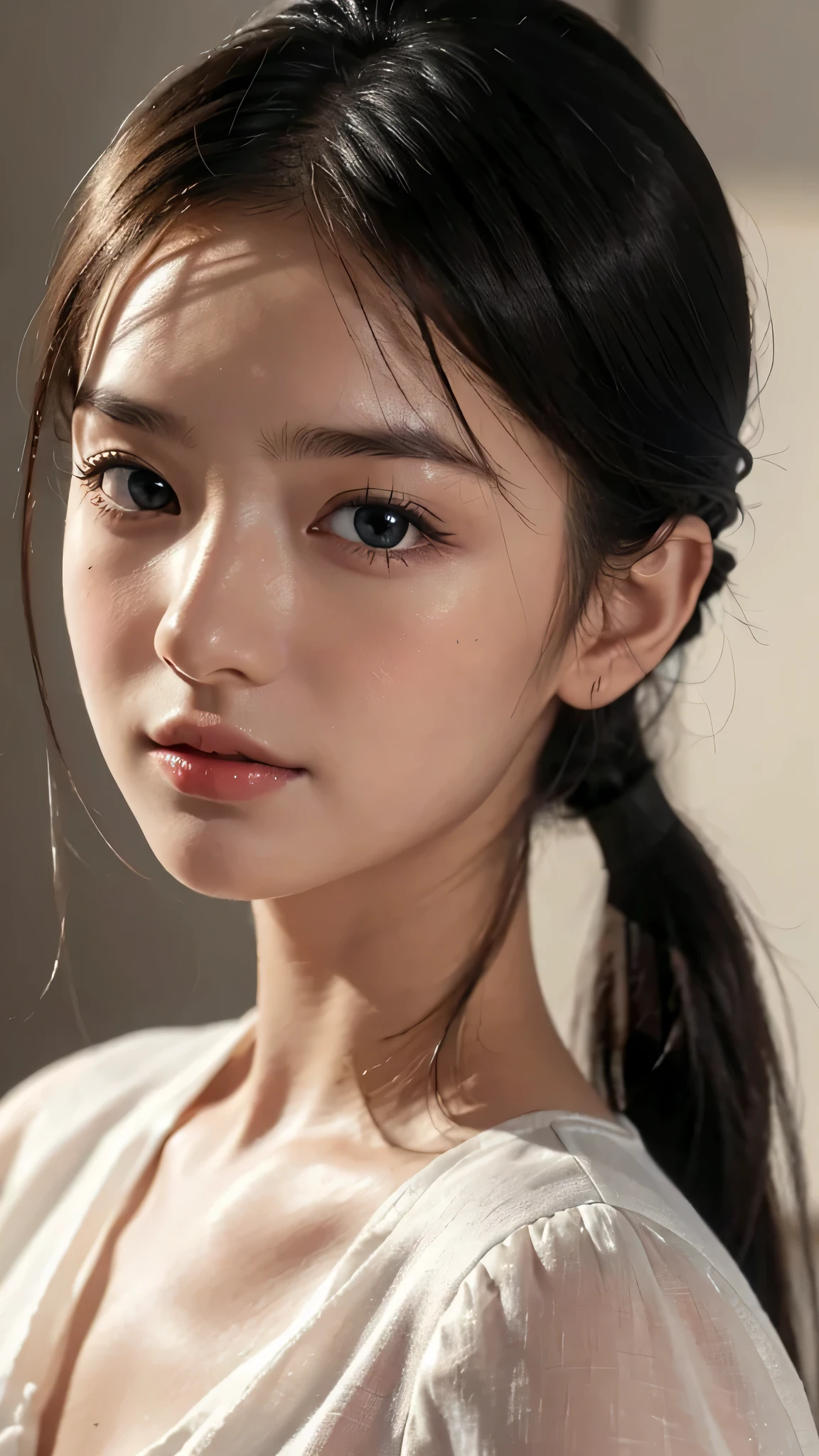 One woman,fully body photo,masutepiece, The highest image quality, High quality, the background is clear，Beautiful woman, Japanese, Detailed, Detailed eyes, Detailed skin, Beautiful skin, 超hight resolution, (reality: 1.4),Very beautiful woman, Slightly younger face, Beautiful skin, slender, (Ultra photo realsisim), (hight resolution), (8K), (Very detailed) (beautifully detailed eyes), (super detailed),   (Detailed face), view the viewer, Fine details, Detailed face, Staring straight ahead, Staring straight ahead, photos realistic, Bright lighting, Professional Lighting, Black hair,poneyTail,a baby face,sixteen years old,Hairstyle is ponytail,long ponytail hairstyle,slight smile,dress shirt