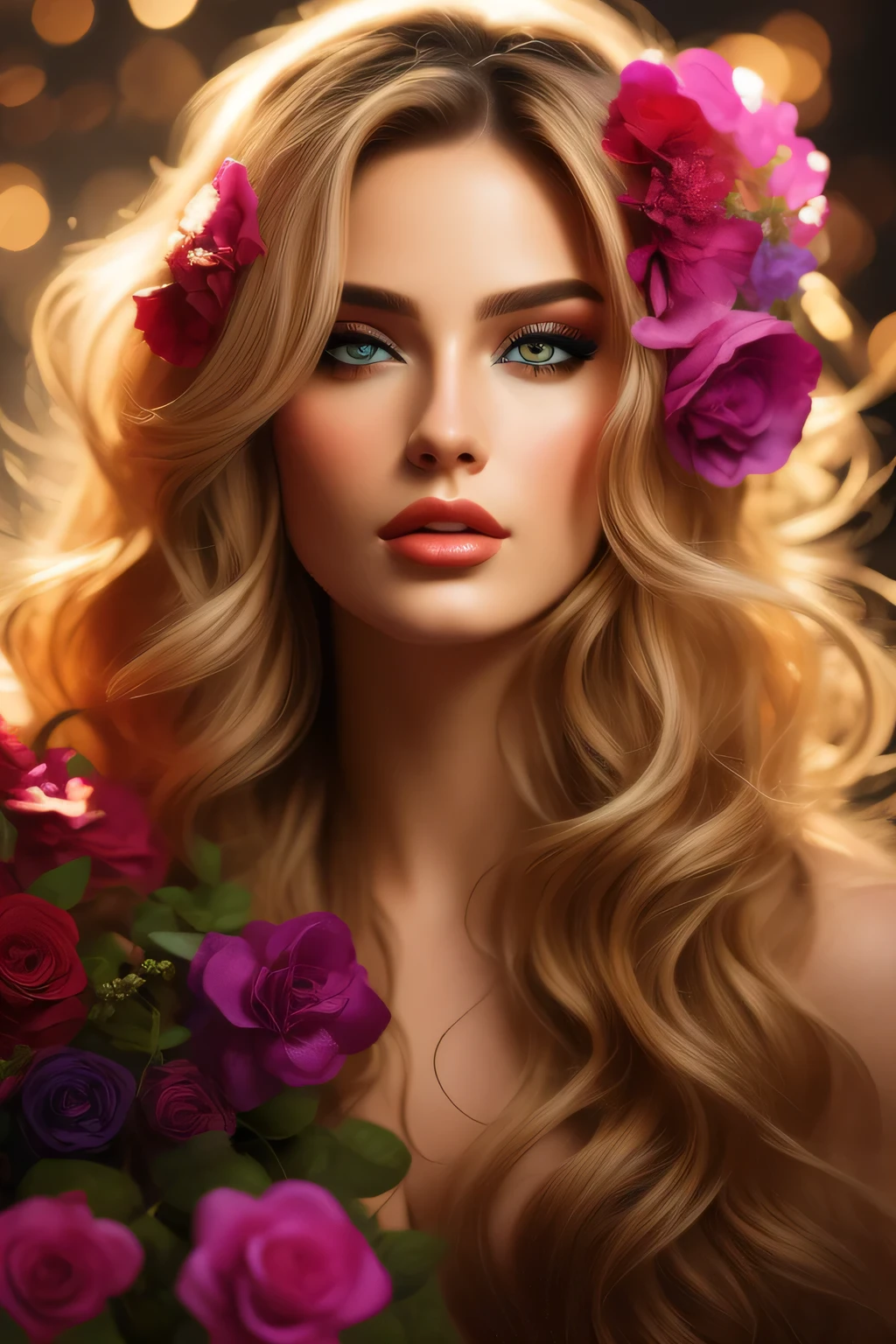 best quality,ultra-detailed,realistic,surreal art,portrait,painting,colorful lighting,dreamlike atmosphere,beautiful detailed eyes,detailed lips,flowing hair,ethereal background,colorful flowers,fantastic elements