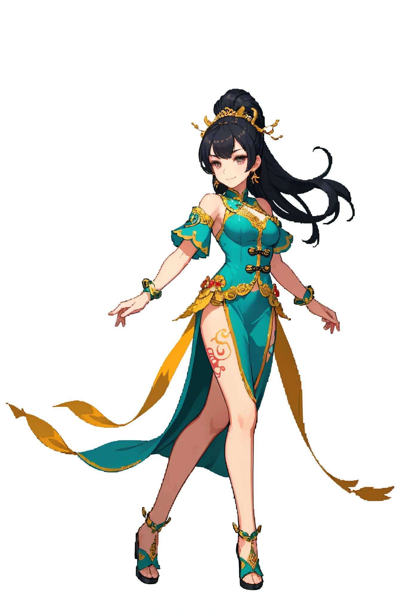 (official art：1.5，best quality，fine details)Full body female love，１beautiful girl，White background，Chinese mythology style fantasy world costume，long flowing black hair，hair accessories，very long ponytail，Elegant demeanor，faint smile，heroic，body is beautiful，beautiful legs，Perfect body，Elegant and smooth，Ultra-clear，Ultra-detailed image quality，masterpiece，Full body painting，Super details，HD