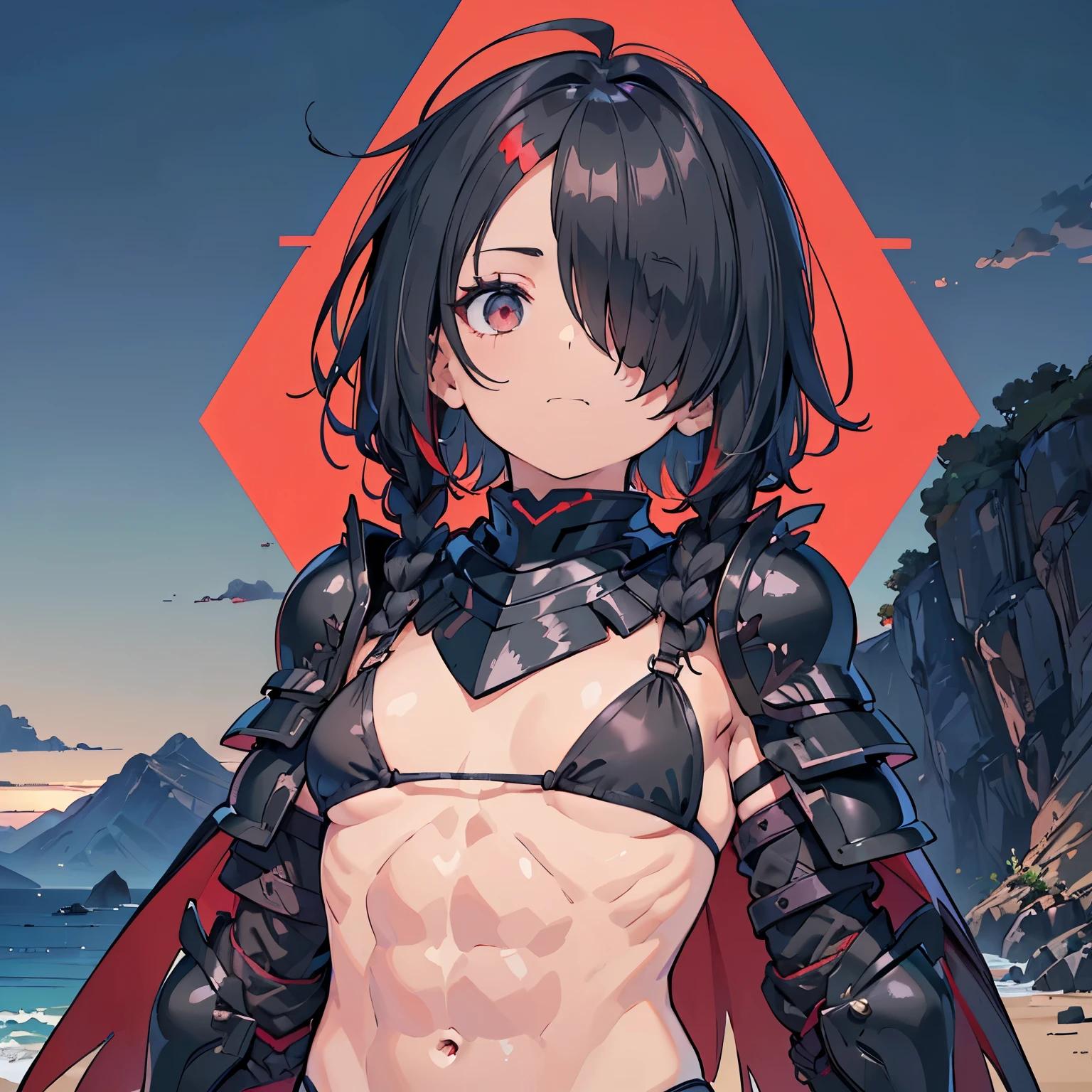 masterpiece, mountainous horizon Upper body, black robe, (((((black bikini armor))))), nsfw, , 1 boy, black hair, red streaked hair, Ruby Eye, ((((((hair over one eye,)))))), Braidスタイル, spike hair, dull bangs, bob hair, Braid, Ahoge, cute eyes looking at the viewer From the side, ((from front)), closed mouth, (((abs))) , ((looking up:1.3))), (face close up:1.3) , simple eyes, restrained, Are standing, (fang), arms up behind, (disdain)