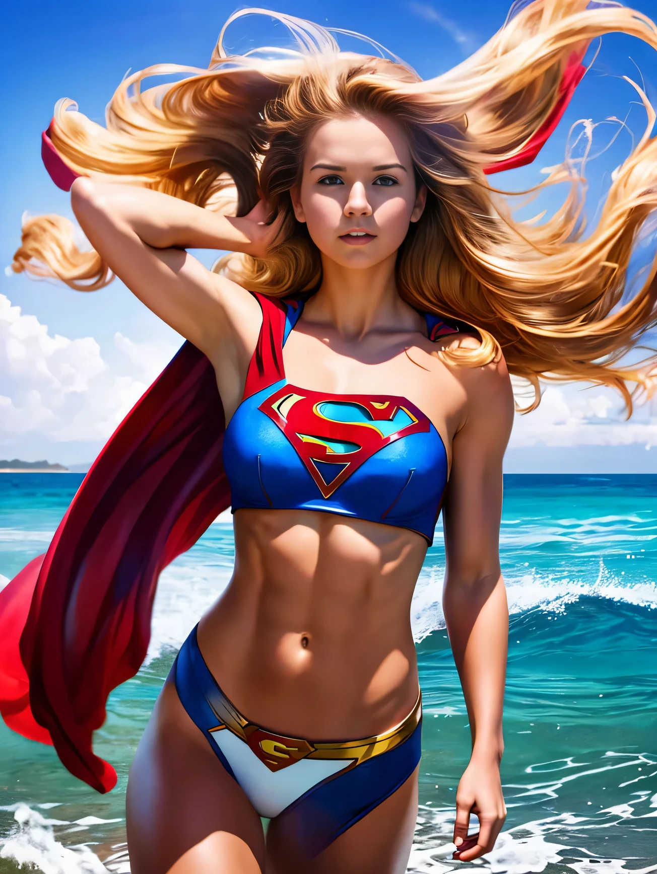 photo of late age supergirl in her iconic superman costume in the form of large breasts topless with tiny bikini bottoms with muscular arms and ripped abdominal muscles standing on the beach, long blonde hair blowing in the beach breeze, realistic skin tones, photorealistic, cinematic, blue skies in background with waves crashing on the shore.