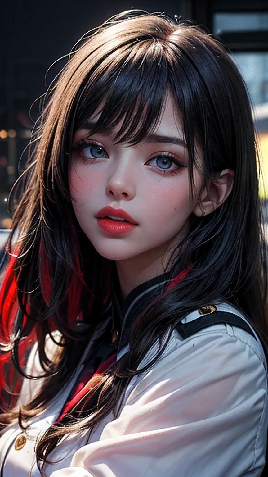 8K, Best Quality, 1girl, (skindentation), Night, (Dark), Clear Background Indoors, (People), Beautiful Bangs, Gorgeous,, (Clothing and Uniform:1.3),Soft Lighting, Attractive, Dark Room, (Mouth Closed:1.2, Beautiful Eyes, Detailed Eyes, Detailed Iris, Beautiful Lips, Beautiful Nose, Beautiful Face),(Primary Colors:1.5)
