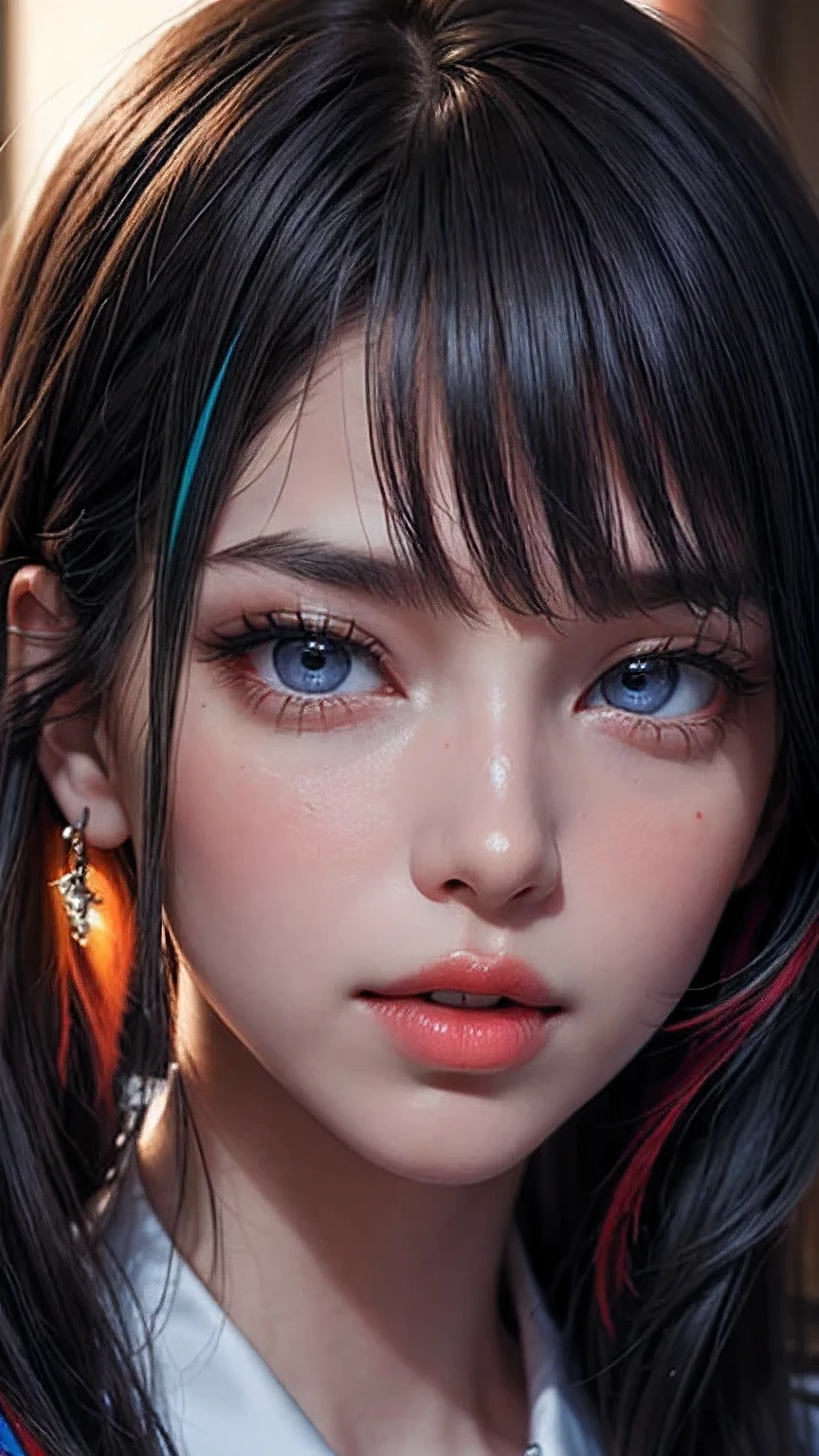 8K, Best Quality, 1girl, (skindentation), Night, (Dark), Clear Background Indoors, (People), Beautiful Bangs, Gorgeous,, (Clothing and Uniform:1.3),Soft Lighting, Attractive, Dark Room, (Mouth Closed:1.2, Beautiful Eyes, Detailed Eyes, Detailed Iris, Beautiful Lips, Beautiful Nose, Beautiful Face),(Primary Colors:1.5)