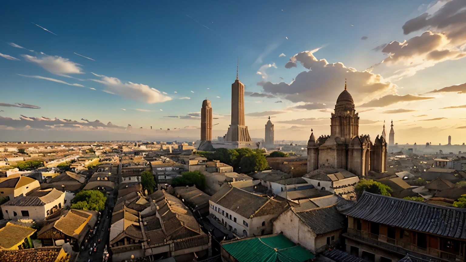 A panoramic view of an ancient cityscape, with towering temples and bustling markets, representing the heart of the ancient world.
