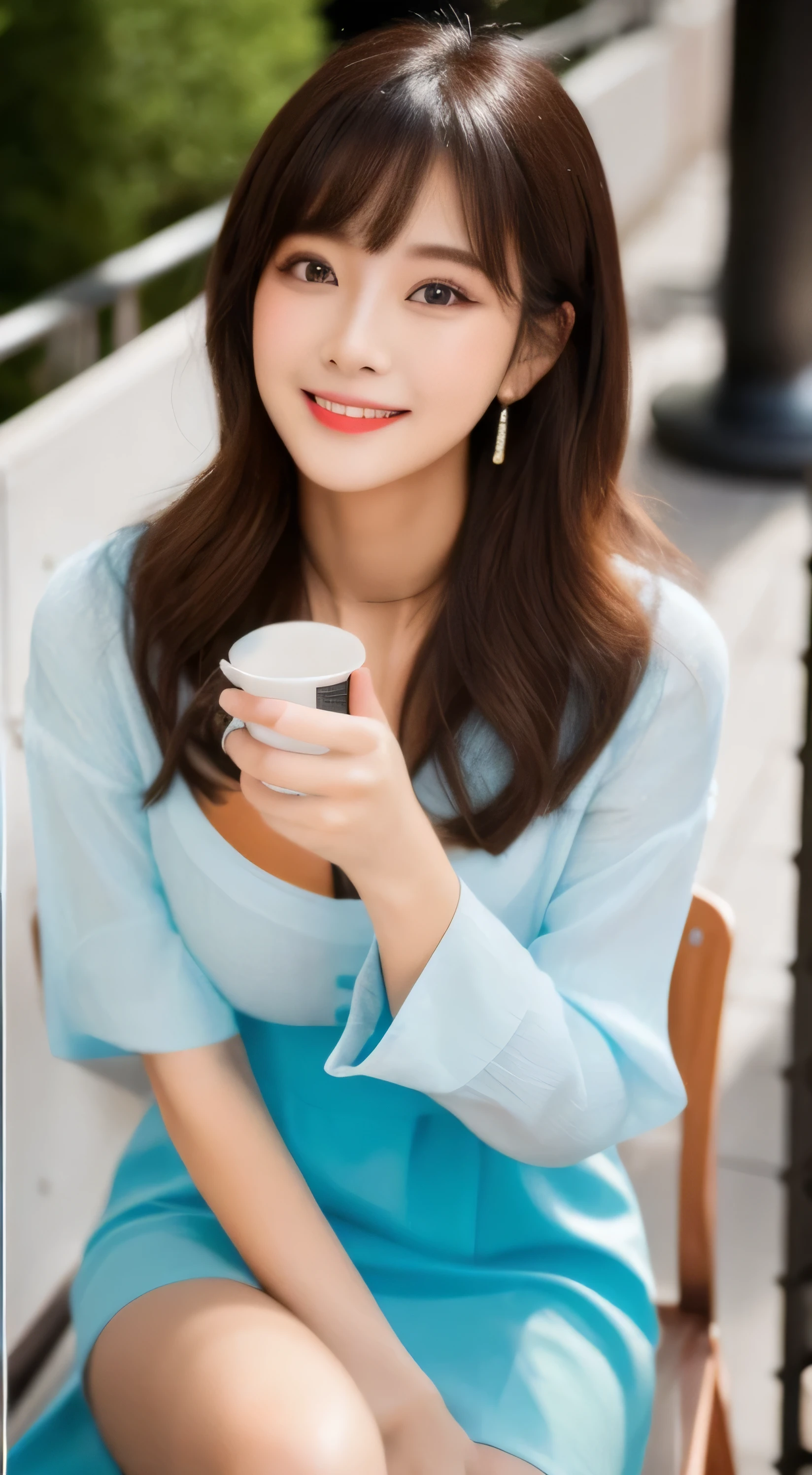 ((beste Quality、8k、32k、masterpiece:1.3))、(portlate)、1girls、Slim Beauty、a beautiful women、HugeBoobs:1.2、Brown hair、Stylish layered hair、With bangs、Beautiful hair quality、big eye、beautifull eyes、Double eyelids、Realistic skin type、Realistic texture、smile on face、(closes mouth)、Soft skin、thights、cafes、Drinking coffee、(Stylish dress)、Looking at the camera、Sitting on a chair、Terrace seating