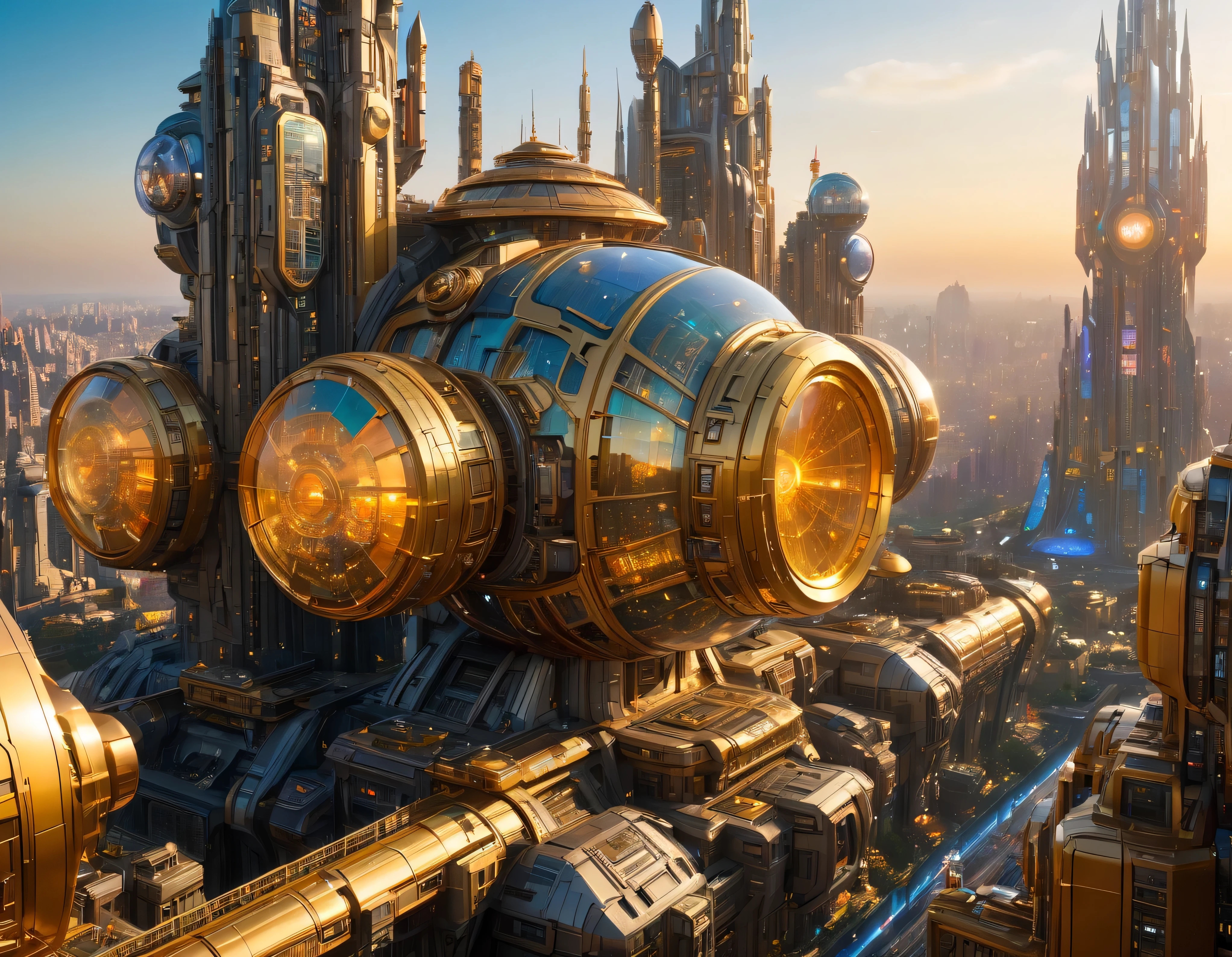 (golden hour lighting), megacity, megalopolis of an imaginary world of science fiction , parecido a una disneylandia futurista, and maximum fantasy, con inmensos edificios y rascacielos ovalados y dodecaedricos agrupados de metal y cristal donde predomina la plata y los anuncios luminosos de colores. imagen bien definida 8k, (intrincados detalles de la maquina), con muchos edificios juntos.(obra maestra de superior calidad).(imagen fotorrealista), nitidez absoluta hasta el fondo