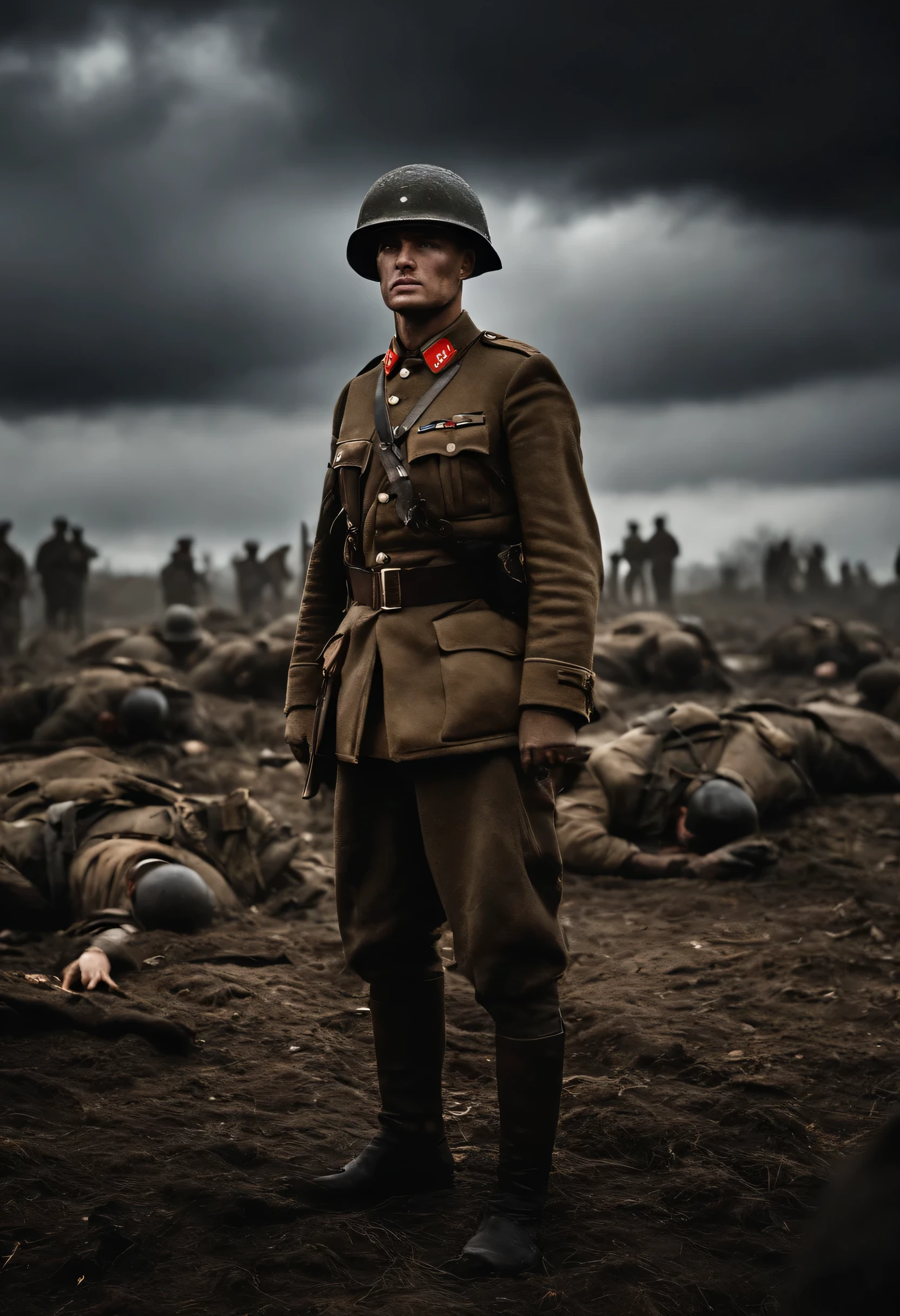 WAR TORN german soldier warrior man standing in field of dead bodies,The world war two military uniform on his body was tattered, ripped, Stained with blood,Determined eyes,T34 looms behind him,The battlefield that has just ended the battle,8k quality,Light particles, with light glowing, Mshiv, wallpaper art, UHD wallpaper, dark and frightening, iphone quality, wartorn, broken, destroyed