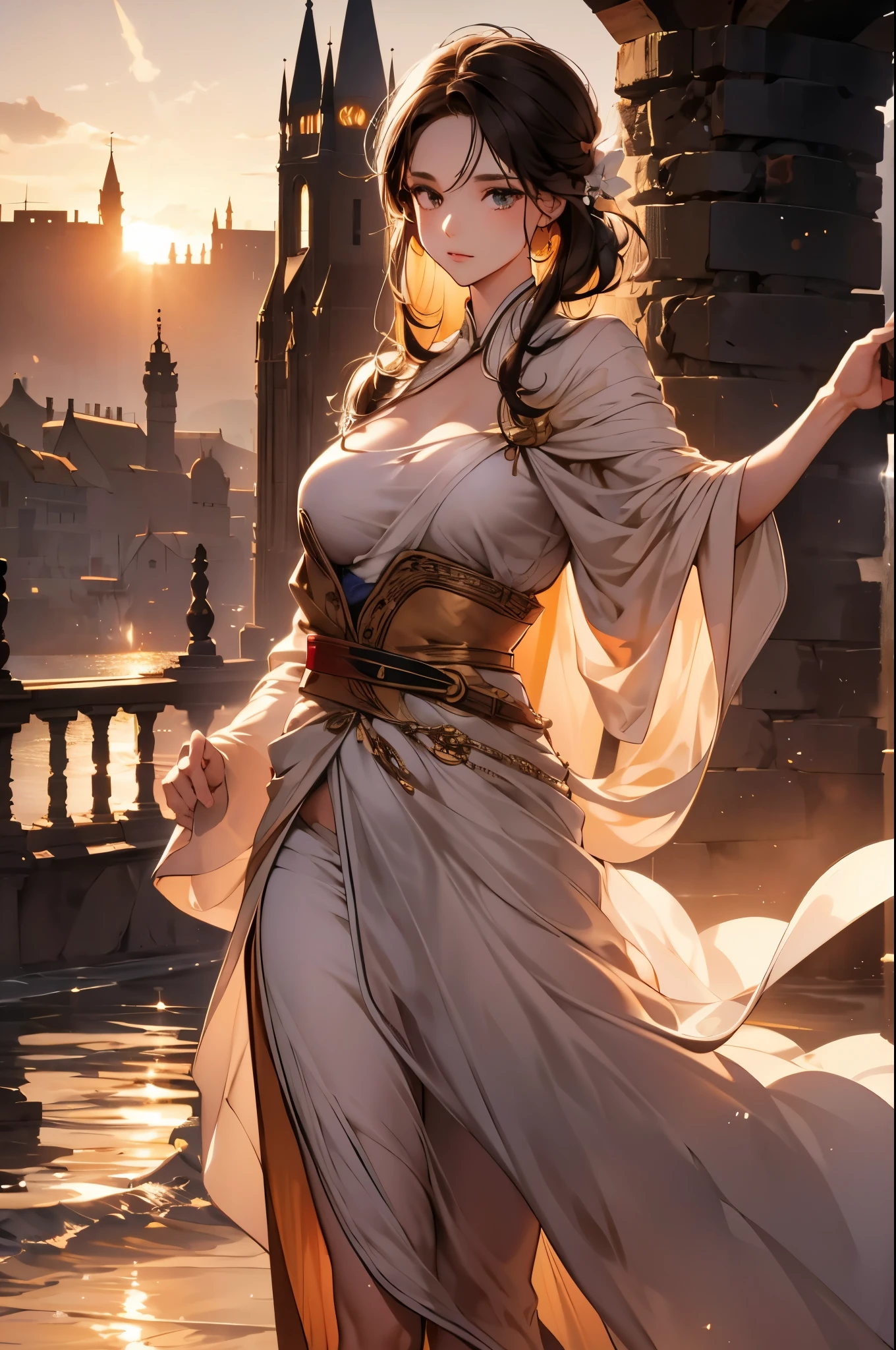 girl, white costume, Brown robes, sooty landscape, sunset, masterpiece, highest quality, Highest image quality