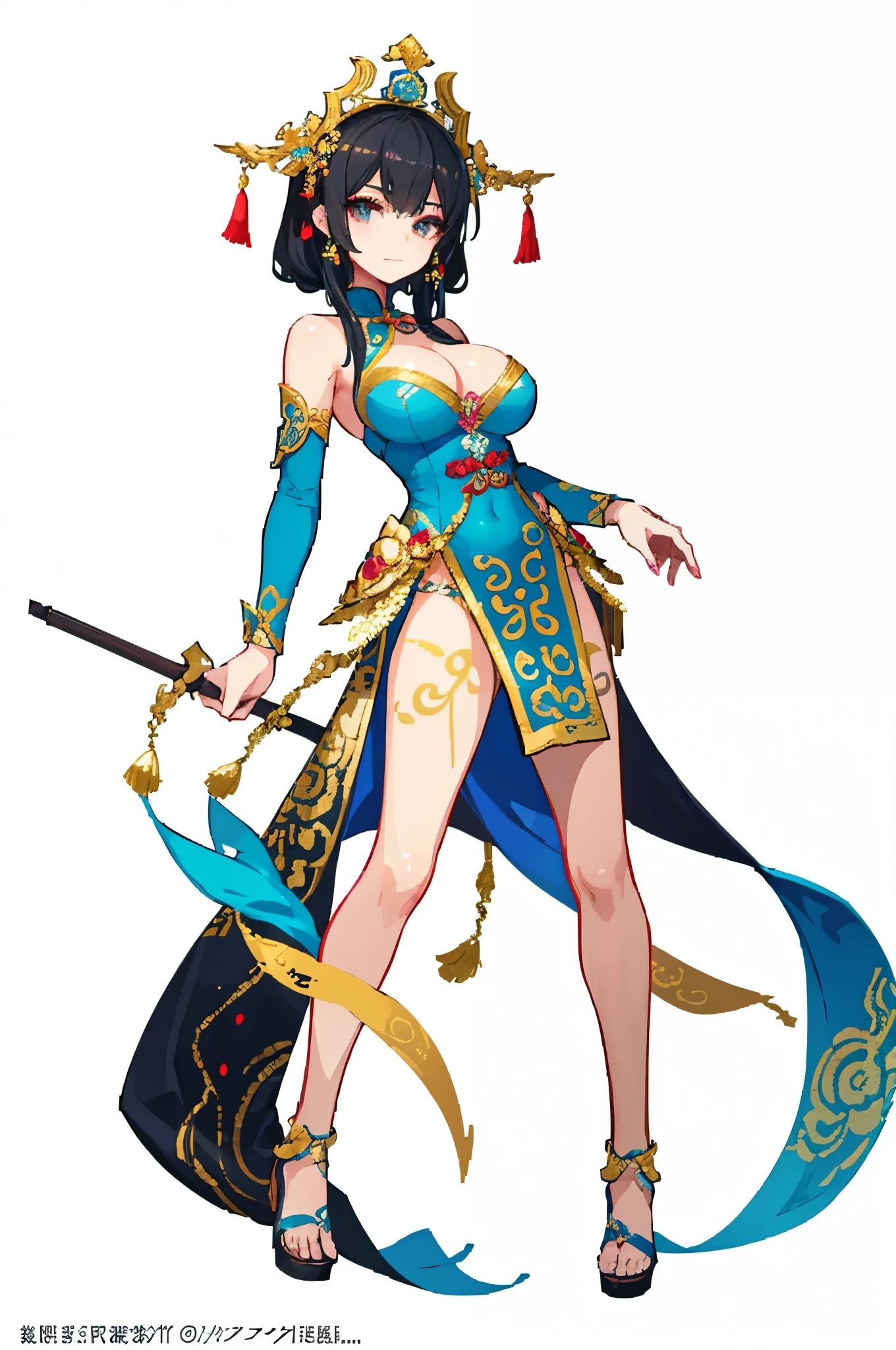 (official art:1.5,best quality,fine details)Full body female love,1 beautiful girl,White background,Chinese mythology style fantasy world costume,long flowing black hair,hair accessories,Elegant demeanor,faint smile,heroic,body is beautiful,beautiful legs,Perfect body,Elegant and smooth,Ultra-clear,Ultra-detailed image quality,masterpiece,Full body painting,Super details,HD