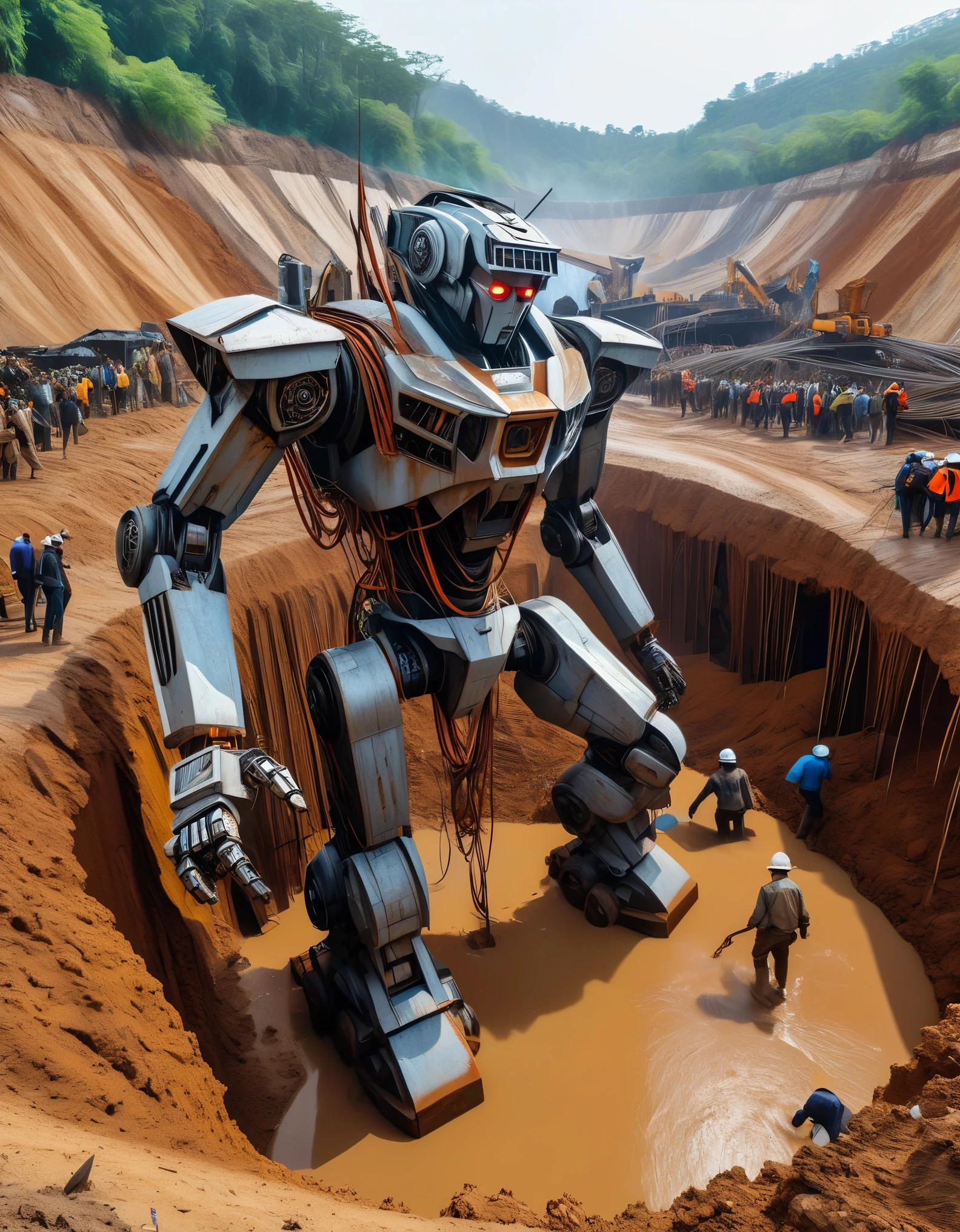 A huge abandoned mecha is being dragged out of a huge, super deep pit by many people.，Part of body covered by debris flow，A lot of steel wires are pulling, covered in rust and mud，Broken body，Dead branches，Sand，Frightened people，archaeological pit，on site，asymmetrical，