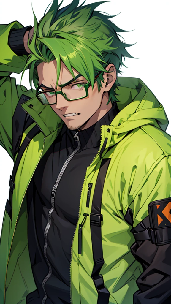 green hair, bespectacled, male, one person, orange tactical jacket, double teeth, sleepy, anime, UHD, 8k