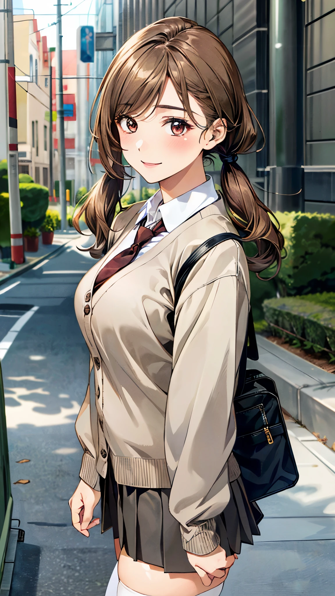 (masterpiece:1.2, top-quality, ultra high res, ultra detailed), (realistic, photorealistic:1.4), beautiful illustration, (natural side lighting, movie lighting),
looking at viewer, full body, 1 girl, japanese, high school girl, perfect face, (perfect anatomy), cute and symmetrical face, baby face, shiny skin, slender,
(long hair:1.5, low twintails:1.5, light brown hair), swept bangs, gold eyes, drooping eyes, big eyes, long eye lasher, (medium breasts),
beautiful hair, beautiful face, beautiful detailed eyes, beautiful clavicle, beautiful body, beautiful chest, beautiful thigh, beautiful legs, beautiful fingers,
((detailed cloth texture, long sleeves light brown cardigan:1.4, light grey pleated skirt, white collared shirt), dark red tie, white thigh-high), navy school bag,
(beautiful scenery), day time, (downtown), walking, (lovely smile, upper eyes),