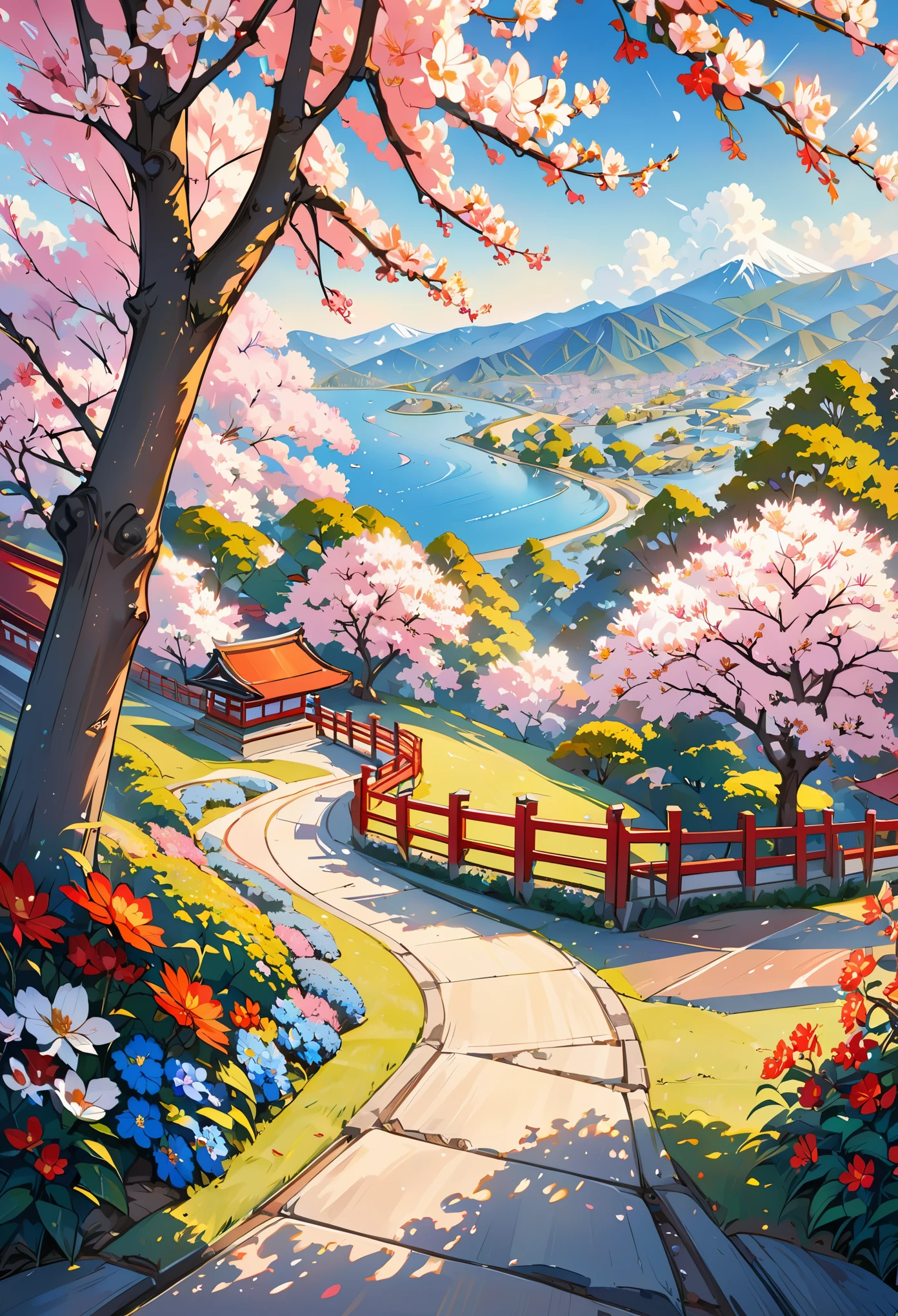Detailed ukiyo-e of a butterfly garden, Cherry blossom, epic light ,Ukiyo-e, colorful