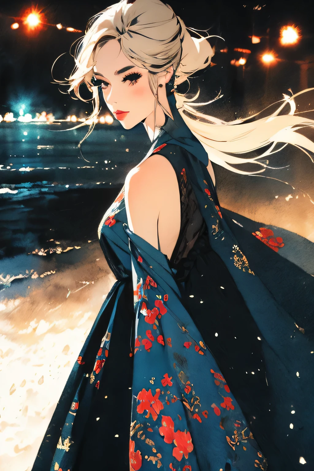 1girl fashionista watercolor,extremely detailed, detailed hair, soft skin, 1girl, solo, standing, upper body, from behind, blonde hair, long hair, high ponytail, long ponytail, dark brown eyes, long eyelashes, thick eyelashes, looking at viewer, red dress, backless dress, ornate dress, puffy skirt, long skirt, puffy sleeves,black background, Watercolor Touch,a cute woman ,luminous design, pastel colours,spring lights,(Artistic),black and yellow,Counterattack
