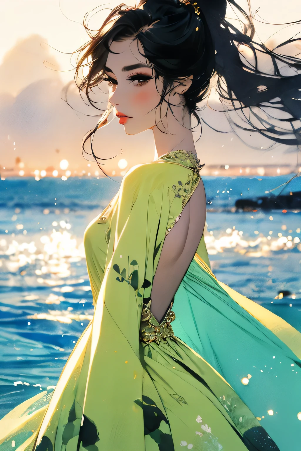 1girl fashionista watercolor,extremely detailed, detailed hair, soft skin, 1girl, solo, standing, upper body, from behind, blonde hair, long hair, high ponytail, long ponytail, dark brown eyes, long eyelashes, thick eyelashes, looking at viewer, red dress, backless dress, ornate dress, puffy skirt, long skirt, puffy sleeves,black background, Watercolor Touch,a cute woman ,luminous design, pastel colours,spring lights,(Artistic),black and yellow,Counterattack